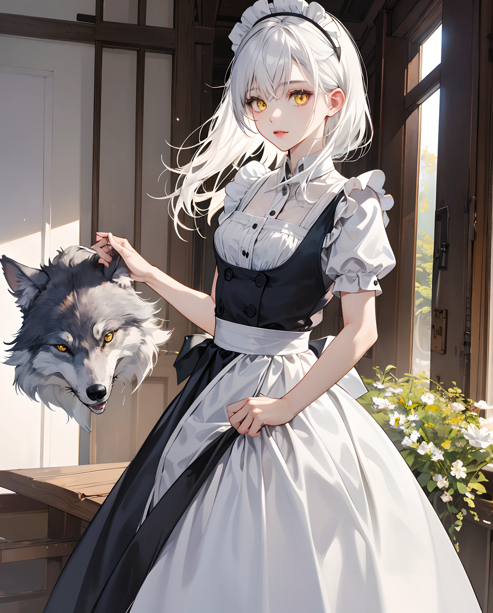 A wolf-cut girl with white hair and yellow eyes.、Wearing maid clothes