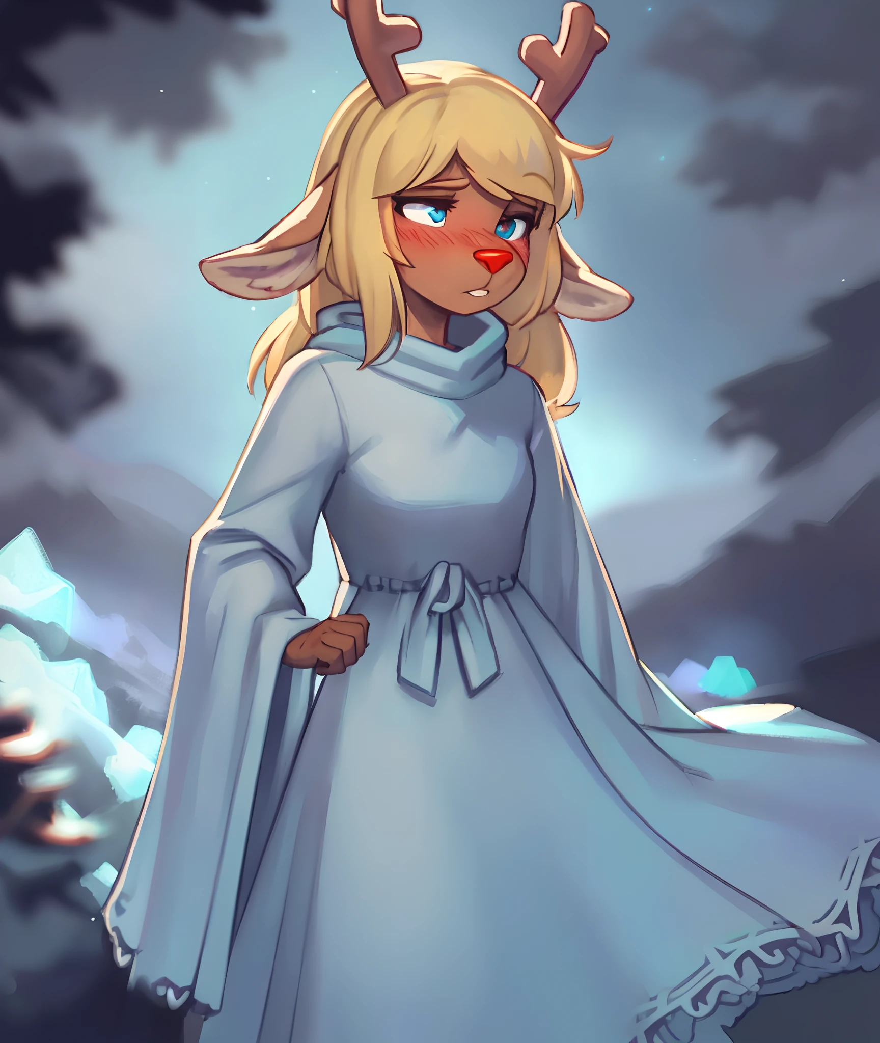 [noelleholiday], [Deltarune], [Uploaded to e621.net; (Pixelsketcher), (wamudraws), (woolrool)], ((masterpiece)), ((HD)), ((high quality)), ((solo portrait)), ((furry; anthro)), ((detailed fur)), ((detailed shading)), ((beautiful render art)), ((intricate details)), ((mystical)), ((D&D)), {anthro reindeer; (slim figure), brown fur, red nose, (cute cyan eyes), (half-closed eyes), (short eyelashes), (reindeer antlers), (droopy deer ears), long blonde hair, short fluffy tail, (beautiful defined legs), (blushing), (expressionless), (frown)}, {(long white dress), (long sleeves)}, {(standing), (looking at viewer)}, [background; (snowy plains), (white cavern), (luminescent crystals), (cosmic sky), (ambient lighting)]