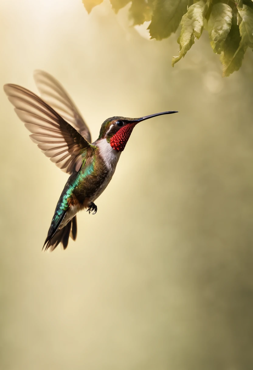 A hummingbird flying, Strong morning light diffuses through the fog,Flapping,hovering、 Highlights its intricate feathers with dramatic sidelights、realisitic、realistic、Floating birds