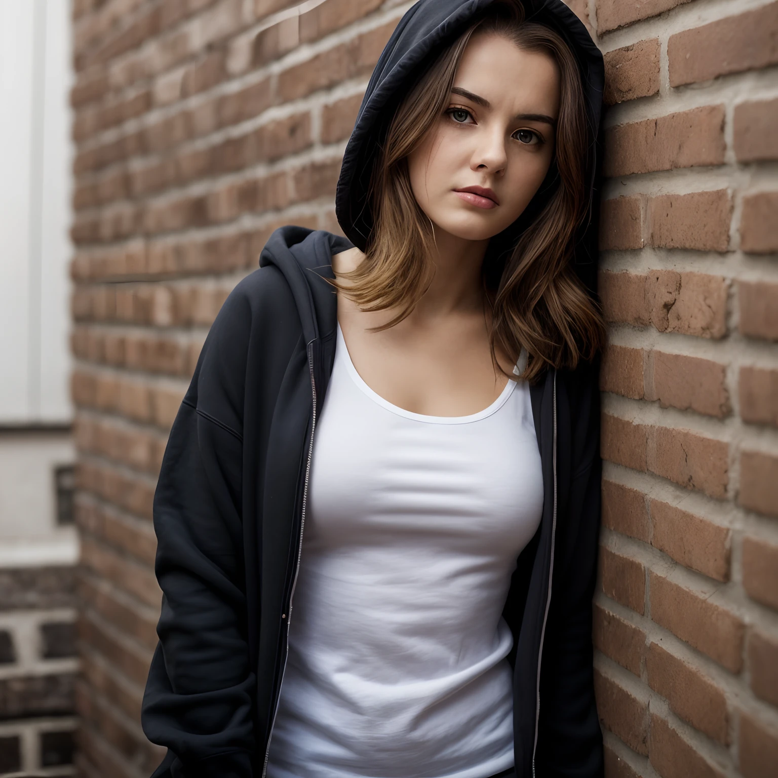 [ultra-realistic, DSLR, 8k, high resolution, high quality, portrait, high angle shot], a woman side leaning against a brick wall looking down in her luxury room, fine art, thoughtful expression, in a black hoodie, girl wearing hoodie, wearing a black hoodie, pensive and hopeful expression, young woman, looks sad and solemn, wearing jeans and a black hoodie, blank expression on her face, deep in thought, ((oval perfect shape, asymmetrical face structure, perfect proportion, brown hair color, 32 inch breasts, hourglass figure, slim body, pale white skin tone ,sexy girl, 21 years old, soft wavy hair, volumious marilyn cut, looking away, pale skin, really sad look, face foces, detailed expressions))