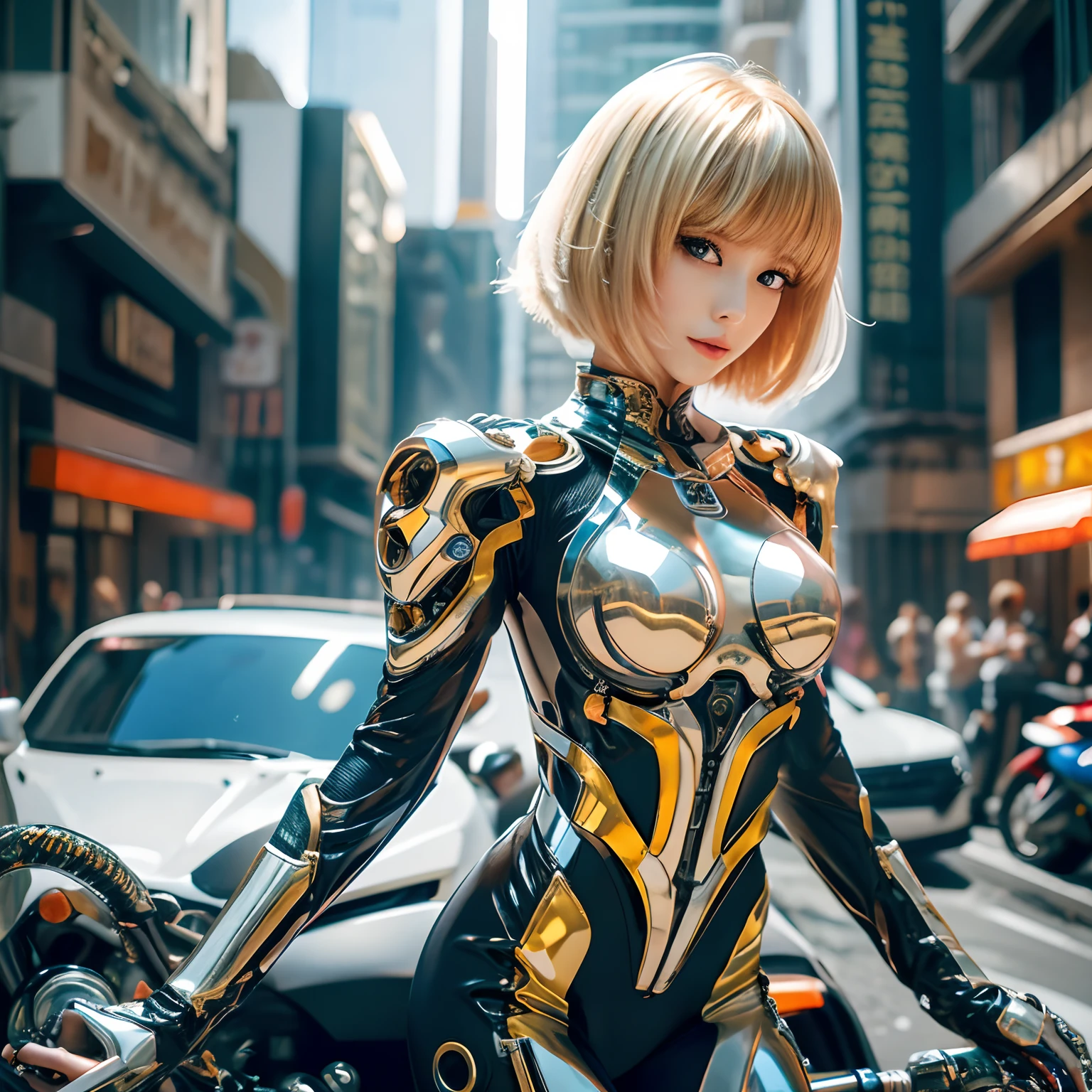 8k, top-quality, (pubic hair beauty)、hight resolution, 逼真, realperson、((masterpiece)), ((top-quality)), (The ultra-detailliert), ((highly contrast)), (a high chroma), (Beautiful detail eyes), ((extremely delicate and beautiful)), (nice hand), ((perfect hand)), (Mechanical cyber city in the background), futuristic cities, 夏天, plein air, ((Girl on a motorcycle)), Medium hair, blonde hair, asymmetrical bangs, beautiful detailed Glass hair, blue eyess, tiny chest, mechanical suit, ((shiny body)), (very shiny body), Clear, jewely、ornament detached、a gorgeous、opulent、magnifica、Illumination scattered throughout the body、Illumination brilliance、Roberto、cyborgs、android、body suit、huge tit、Chest valley、beauty legs