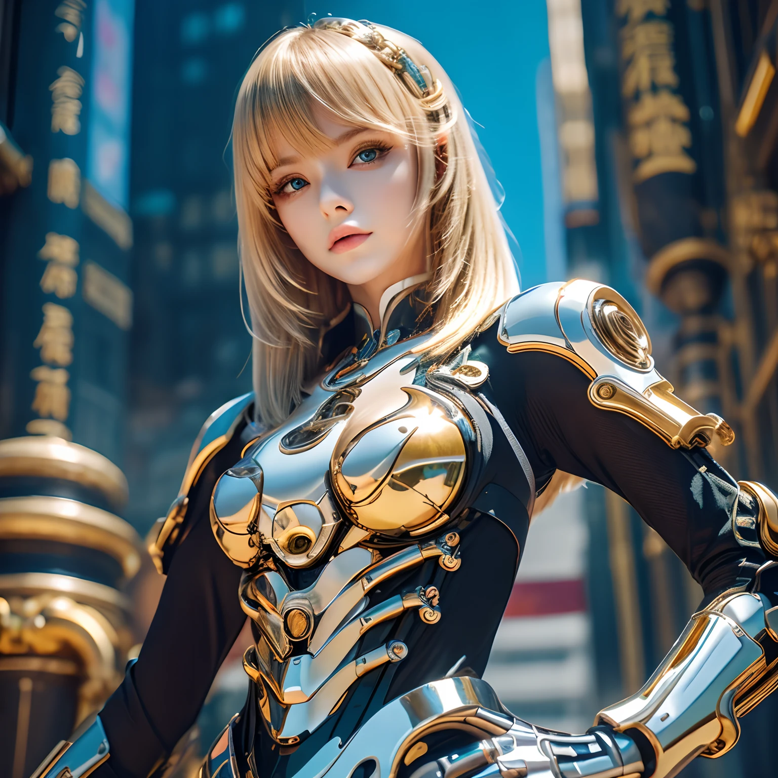 8k, top-quality, (pubic hair beauty)、hight resolution, 逼真, realperson、((masterpiece)), ((top-quality)), (The ultra-detailliert), ((highly contrast)), (a high chroma), (Beautiful detail eyes), ((extremely delicate and beautiful)), (nice hand), ((perfect hand)), (Mechanical cyber city in the background), futuristic cities, 夏天, plein air, ((Girl on a motorcycle)), Medium hair, blonde hair, asymmetrical bangs, beautiful detailed Glass hair, blue eyess, tiny chest, mechanical suit, ((shiny body)), (very shiny body), Clear, jewely、ornament detached、a gorgeous、opulent、magnifica、Illumination scattered throughout the body、Illumination brilliance、Roberto、cyborgs、android、body suit、huge tit、Chest valley、beauty legs