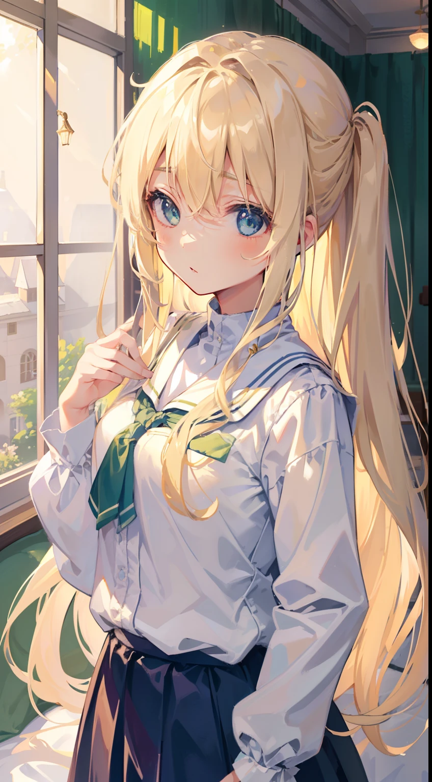 1 girl in、Light blonde hair、Long hairs、Hair curls a little、Hair swaying in the wind、Light green eyes、Delicate eyes、Neat and delicate face、a beauty girl、(Dormitory dormitory uniforms:1.3)、(Warped Wonderland)、Cute  Turtle、Night Raven Academy background，JK school uniform，Blonde girl by the bed