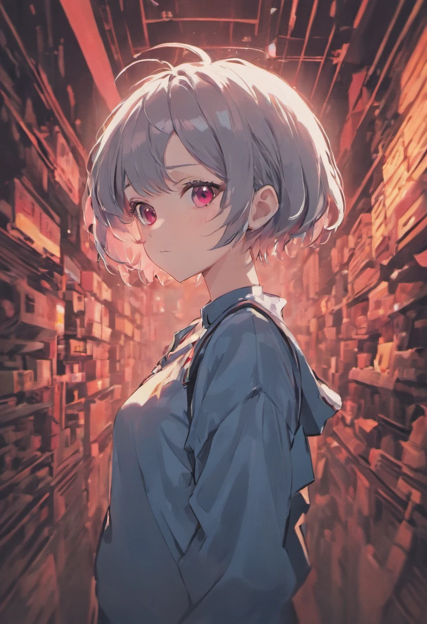 Boyish girl with short cut gray hair。White skin with red eyes。Organs such as the brain and intestines are artistically protruding from themselves