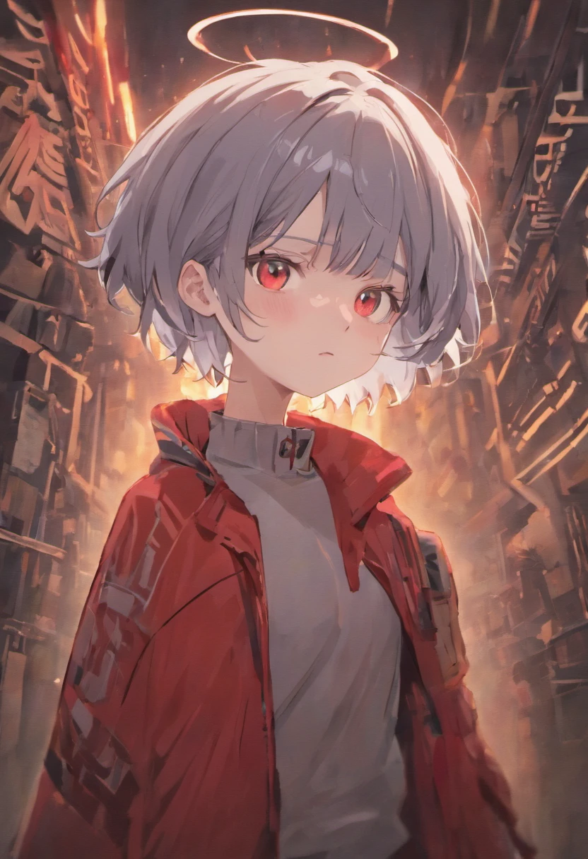 Boyish girl with short cut gray hair。White skin with red eyes。Organs such as the brain and intestines are artistically protruding from themselves