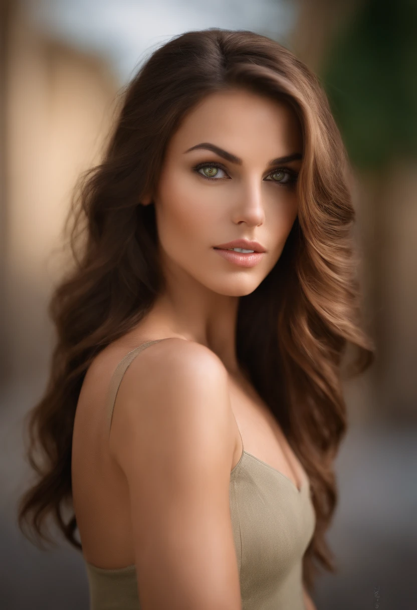 A very sexy girl, long light brown hair, light blue eyes, 30 years, ,very sexy and realistic , whole body ,She is standing in a long white dress that shows off her legs., whole body y mira al telespectador, natural light,