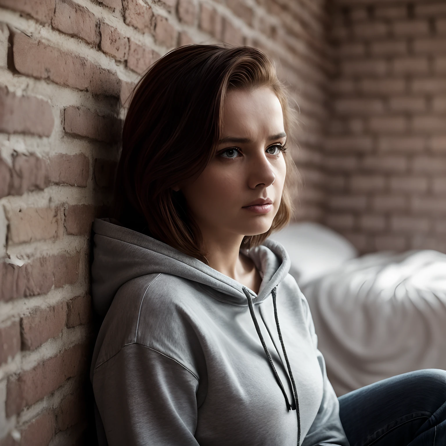 [ultra-realistic, DSLR, 8k, high resolution, high quality, portrait, high angle shot], a woman side leaning against a brick wall looking down in her luxury room, fine art, thoughtful expression, in a black hoodie, girl wearing hoodie, wearing a black hoodie, pensive and hopeful expression, young woman, looks sad and solemn, wearing jeans and a black hoodie, blank expression on her face, deep in thought, ((oval perfect shape, asymmetrical face structure, perfect proportion, brown hair color, 32 inch breasts, hourglass figure, slim body, pale white skin tone ,sexy girl, 21 years old, soft wavy hair, volumious marilyn cut, looking away, pale skin, really sad look, face foces, detailed expressions))