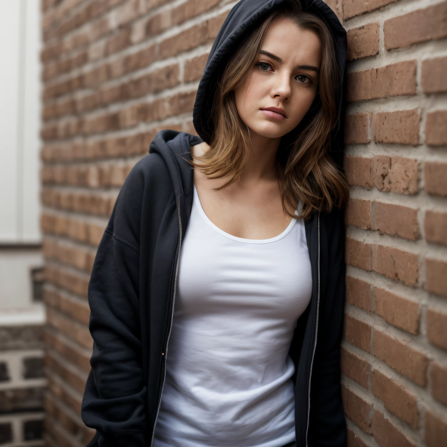 [ultra-realistic, DSLR, 8k, high resolution, high quality, portrait, high angle shot], a woman side leaning against a brick wall looking down in her luxury room, fine art, thoughtful expression, in a black hoodie, girl wearing hoodie, wearing a black hoodie, pensive and hopeful expression, young woman, looks sad and solemn, wearing jeans and a black hoodie, blank expression on her face, deep in thought, ((oval perfect shape, asymmetrical face structure, perfect proportion, brown hair color, 32 inch breasts, hourglass figure, slim body, pale white skin tone ,sexy girl, 21 years old, soft wavy hair, volumious marilyn cut, looking away, pale skin, really sad look, face foces, detailed expressions))