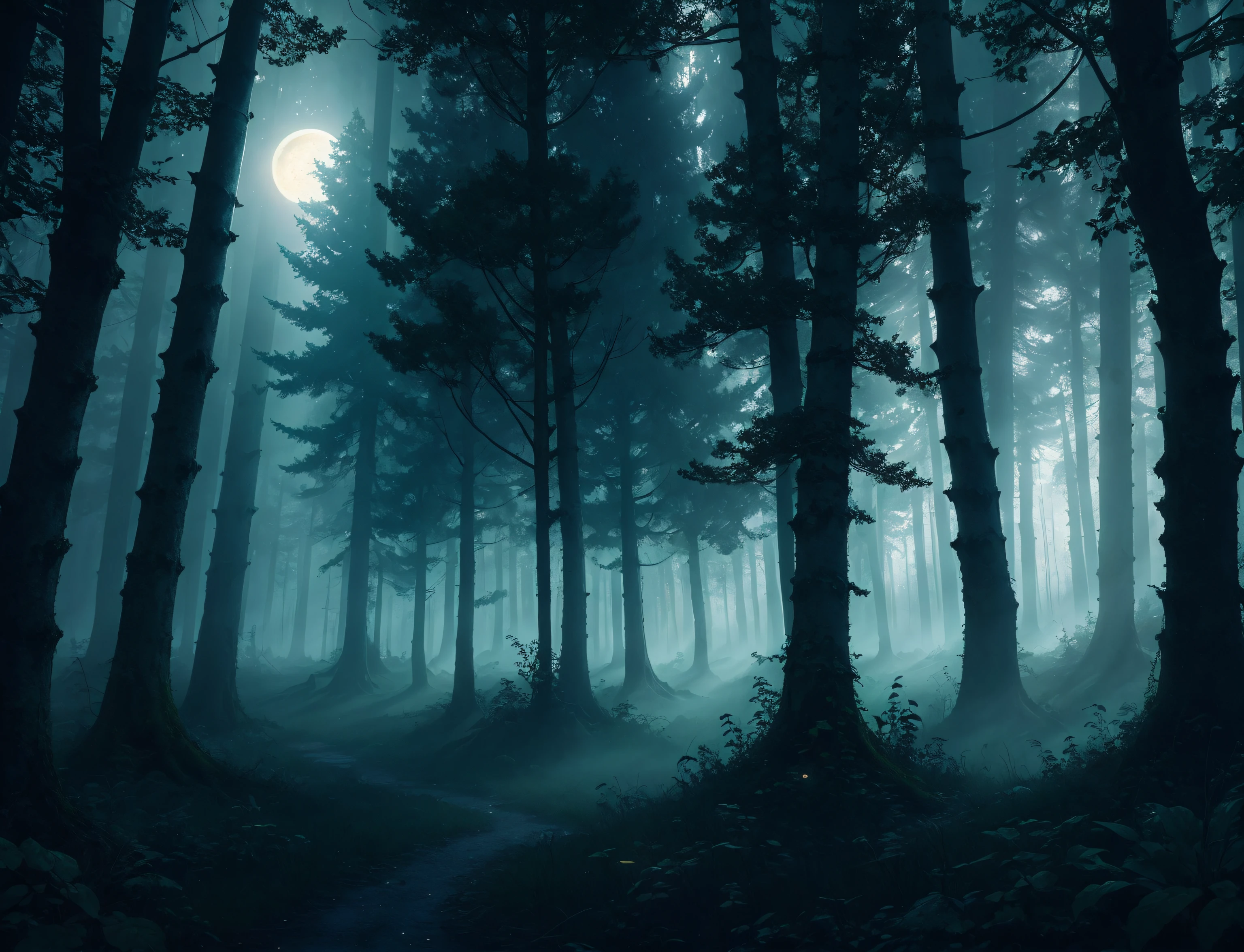(masterpiece, best quality), an illustration of an eerie mist forest, volumetric lighting, moon light, ray tracing, 8k resolution, gothic aesthetic