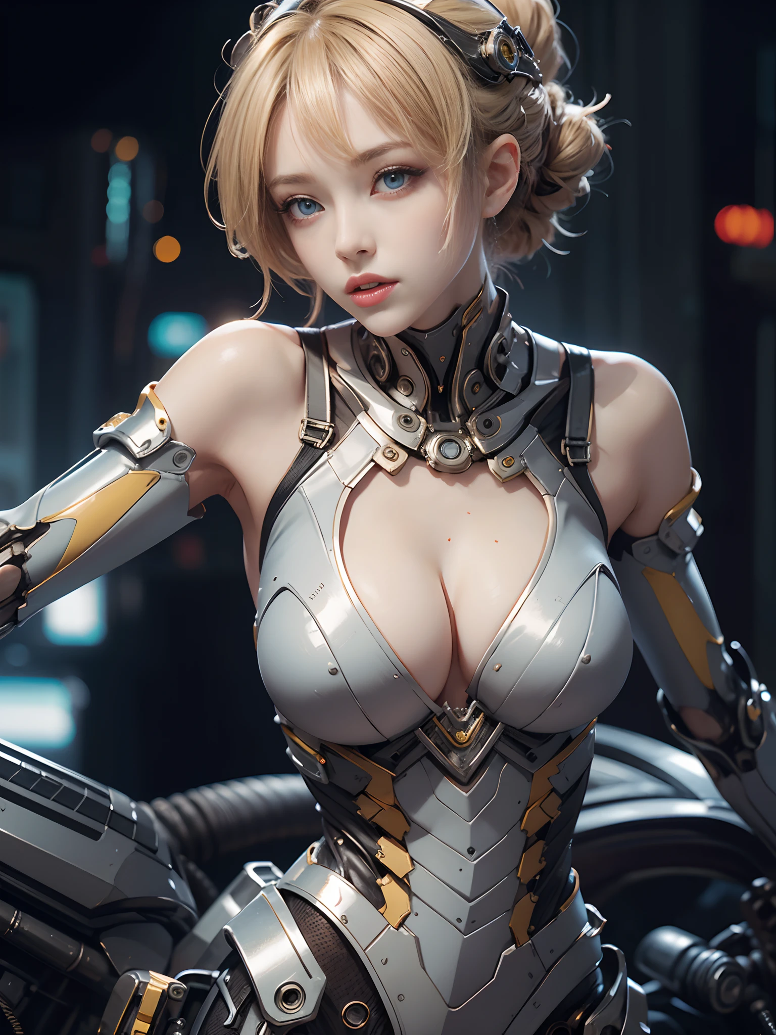 8k, top-quality, (pubic hair beauty)、hight resolution, 逼真, realperson、((masterpiece)), ((top-quality)), (The ultra-detailliert), ((highly contrast)), (a high chroma), (Beautiful detail eyes), ((extremely delicate and beautiful)), (nice hand), ((perfect hand)), (Mechanical cyber city in the background), futuristic cities, 夏天, plein air, Girl on a motorcycle, Medium hair, blonde hair, asymmetrical bangs, beautiful detailed Glass hair, blue eyess, tiny chest, mechanical suit, ((shiny body)), (very shiny body), Clear, jewely、ornament detached、a gorgeous、opulent、magnifica、Illumination scattered throughout the body、Illumination brilliance、Roberto、cyborgs、android、body suit、huge tit、Chest valley、beauty legs