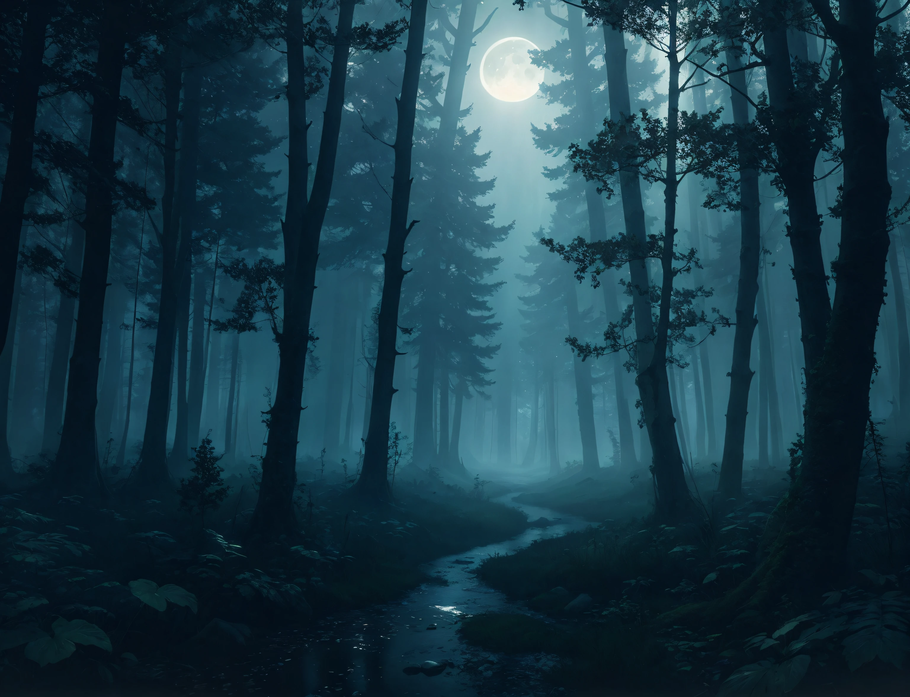 (masterpiece, best quality), an illustration of an eerie mist forest, volumetric lighting, moon light, ray tracing, 8k resolution, gothic aesthetic