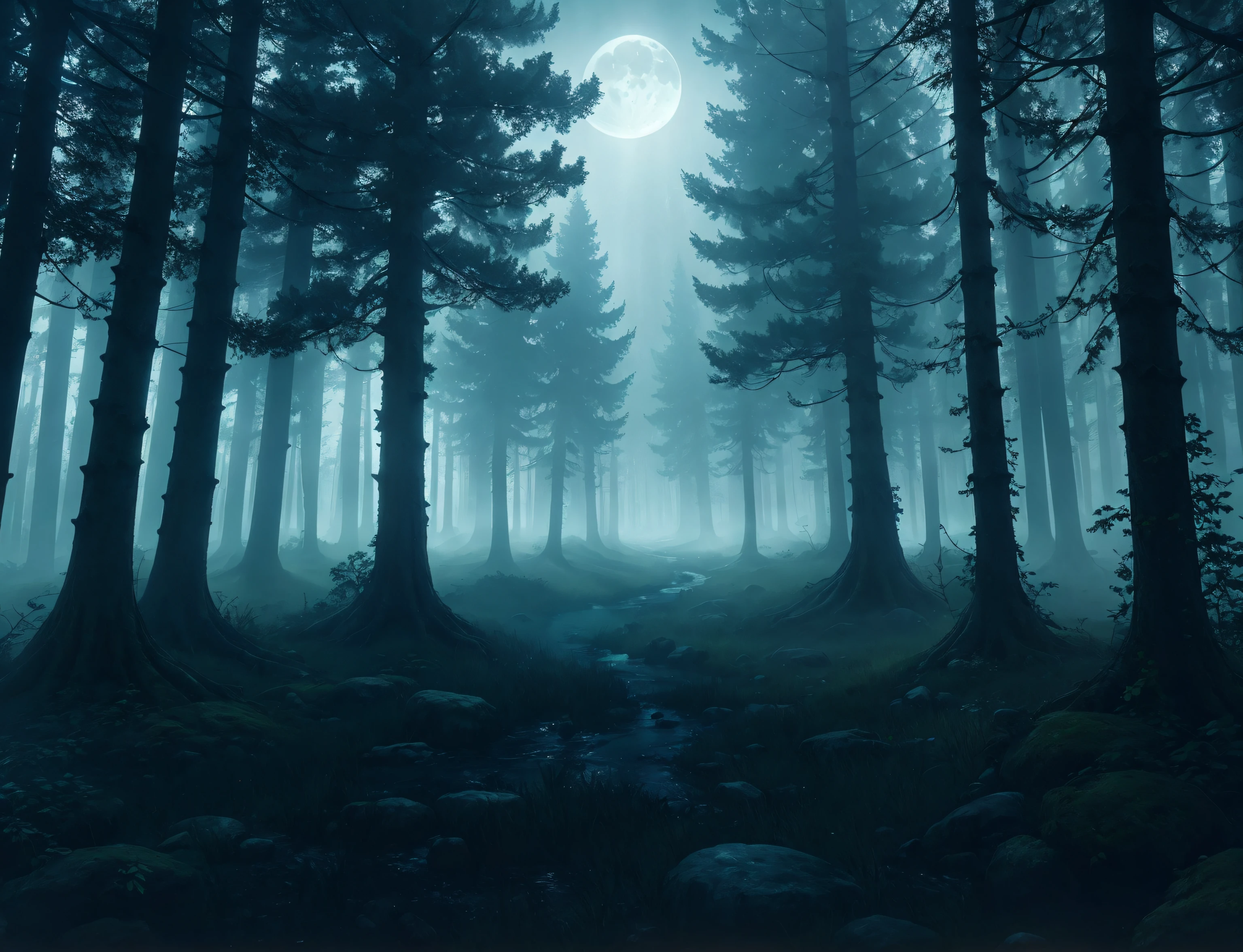 (masterpiece, best quality), an illustration of an eerie mist forest, volumetric lighting, moon light, ray tracing, 8k resolution, gothic aesthetic