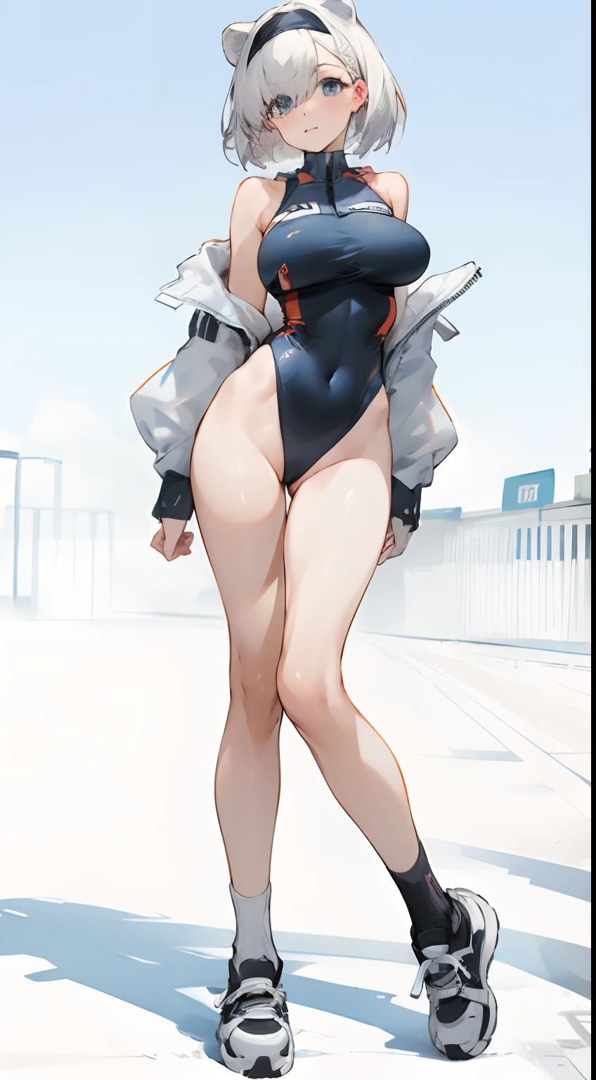 Bigboobs,cropped shoulders,knee length socks,pleatedskirt,No shoes on,Racing Wear,leotard skirt,open waist,cropped shoulders,Bare chest,Stand up,athletic sneakers