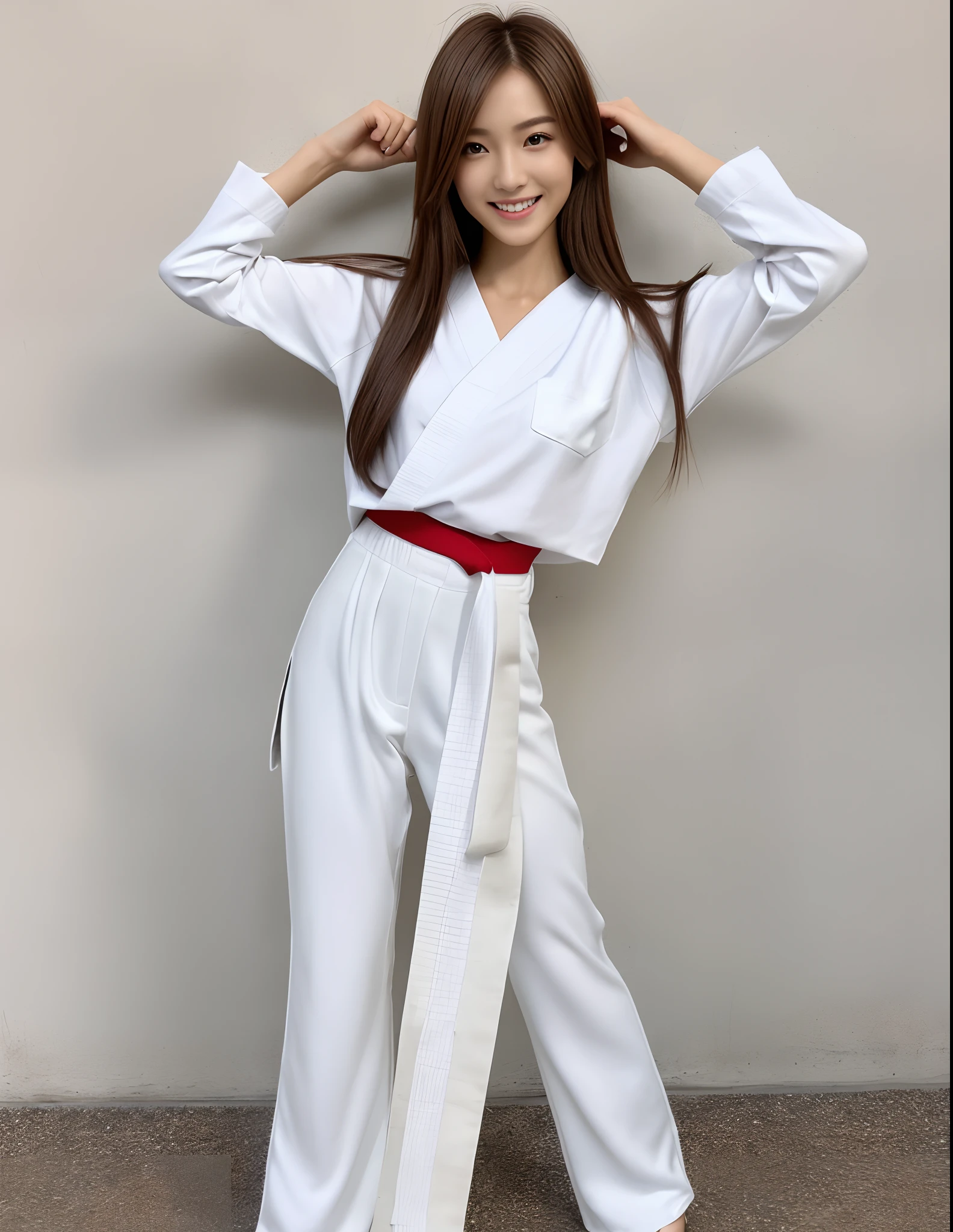 (Photorealsitic)(sixteen years old), Perfectly beautiful woman, (Full body 8K portrait), break dance, Stick out your fist, Large and dynamic hand and foot movements, Correct skeleton, White Karate Uniform, White karate pants, Large bust, Perfect facial detail, (Smile: 1.15), attractive beautiful face, gazing at viewer, a small face, 二重まぶた, Beautiful detailed eyes, long eyeslashes, ligh brown hair, Hairstyle is bob style, Toned waist, large full breasts, Beautiful thin legs, toned ankles, bare-legged ,TOKYOcty