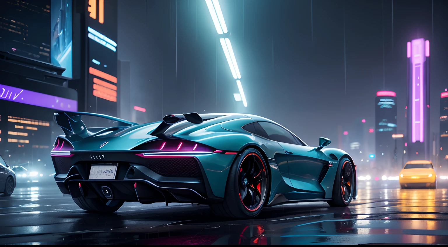 Futuristic city, perfect city, rain, night live, live quality, realistic, holograms, best photo, futuristic cars rain city, super realistic, beautiful scenografy, perfect quality, future flying cars