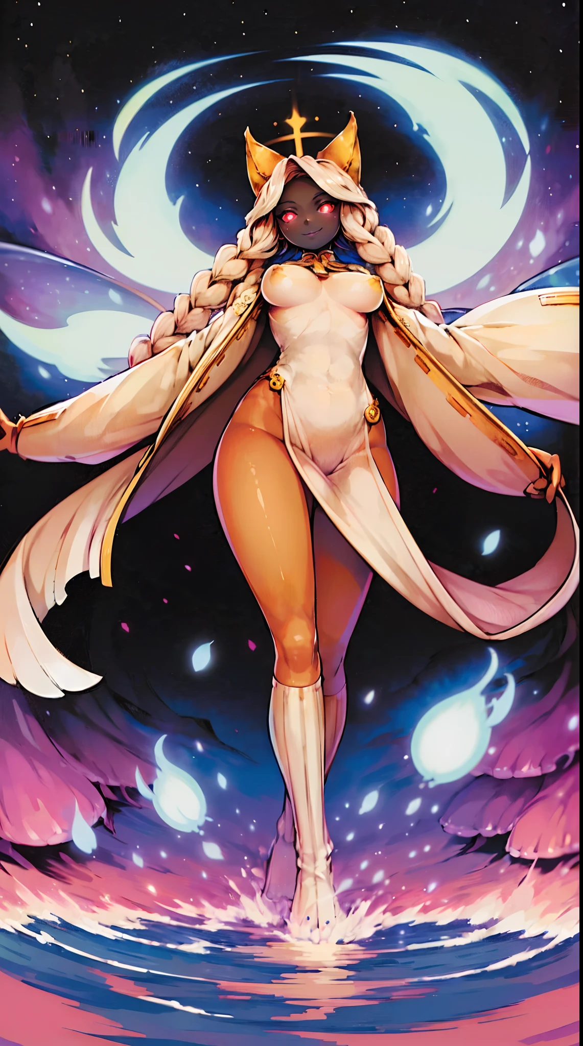 taokaka,,huge breast, , female,fantasy goddess,there is a cartoon picture of a woman with a very large breast, glowing angelic being, glowing holy aura, inspired by Luma Rouge, the non-binary deity of spring, ethereal rainbow nimbus, the butterfly goddess of fire, inspired by Marie Angel, glowing aura around her, astral fairy, as the goddess of the sun, “uwu the prismatic person, big breast, happy, beautiful eyes, , full body, walking, long robe, long dre, catgirlss,, priestess ,holy, smile, long dress, brown hair, female,red eyes, black robe with stars symbolism, full body, flipflops,(best quality,4k,8k,highres,masterpiece:1.2),ultra-detailed,(:1.37),black robe with blue stars simbolism, girl with queen crown,beautiful detailed eyes,beautiful detailed lips,extremely detailed eyes and face,longeyelashes,golden crown adorned with diamonds,glowing blue stars on the robe,glittering pearls entwined in hair,royal purple backdrop,sparkling tiara,rich textures and fabrics,regal posture,confident expression,majestic aura,ethereal lighting,hauntingly beautiful atmosphere,elegant and magical,enchanted garden in the background,floating golden particles,subtle reflections on the crown,sublime tranquility,depth and mystery,sophisticated and regal,impeccable attention to detail,captivating and enchanting,ethereal and divine,fantasy-inspired artwork,dreamlike and surreal,celestial beauty and elegance,dark and mysterious,royal and majestic vibes,meticulous craftsmanship,vivid colors,whimsical and otherworldly., pants,sharpteeth ,black hair, cat ears, full body, smile, darkskinned-female, black hair, pants, caucasiene facial features, dark hair