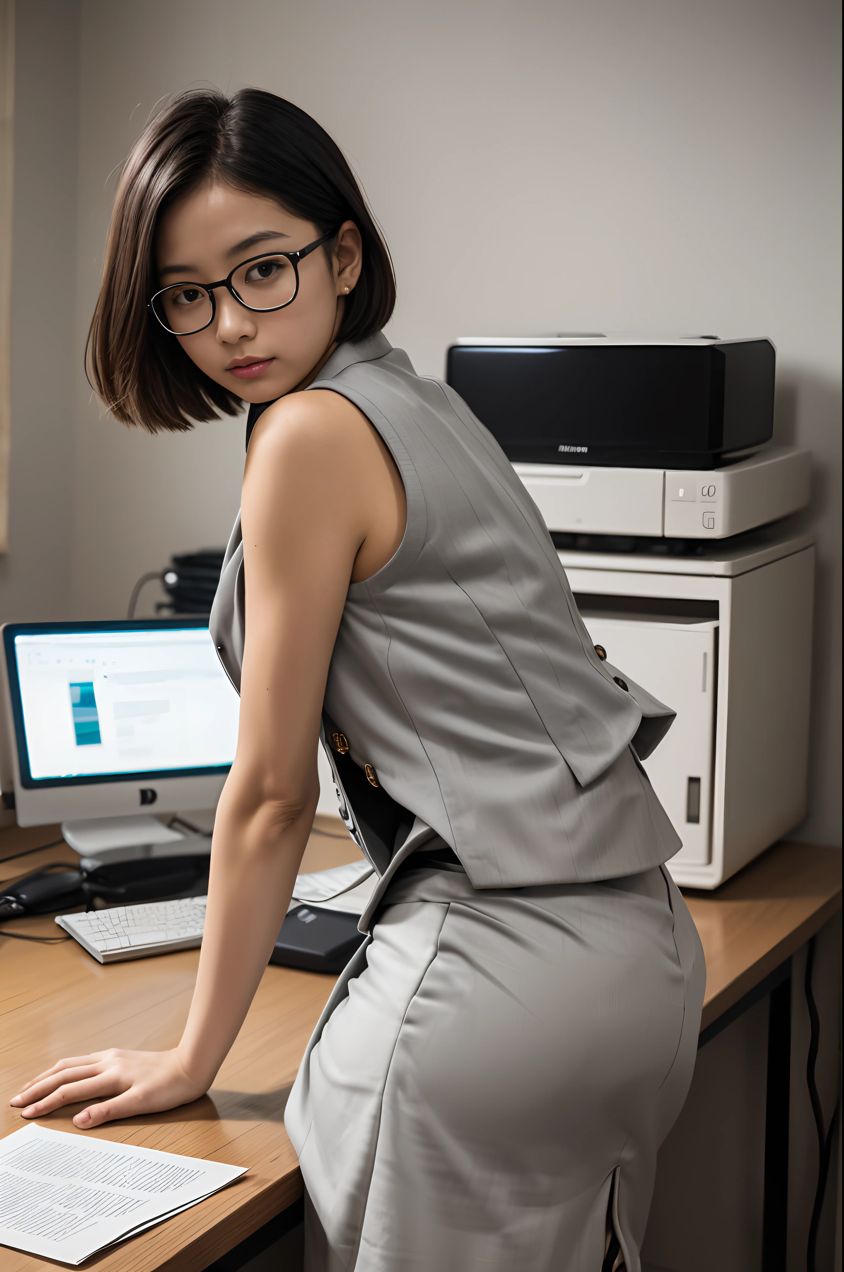 masutepiece, one beautiful women, 12year old,(japanes), (Fantasy Library Background), (White Business Shirt),(((Simple grey waistcoat with no frills)))(((Gray suit skirt))), (), Glasses, (medium breasts), , , Shorthair, , (Skin Texture:1.1), Best Quality, 超A high resolution, (Photorealistic: 1.4), Raw photo, , nikon d850 film stock photograph, F1.6 lens, Rich colors, Realistic, cinestill 800, Backlight, Rim lighting, Studio Lighting, Erotic Photography, Bend over the desk, from the rear,A dark-haired,