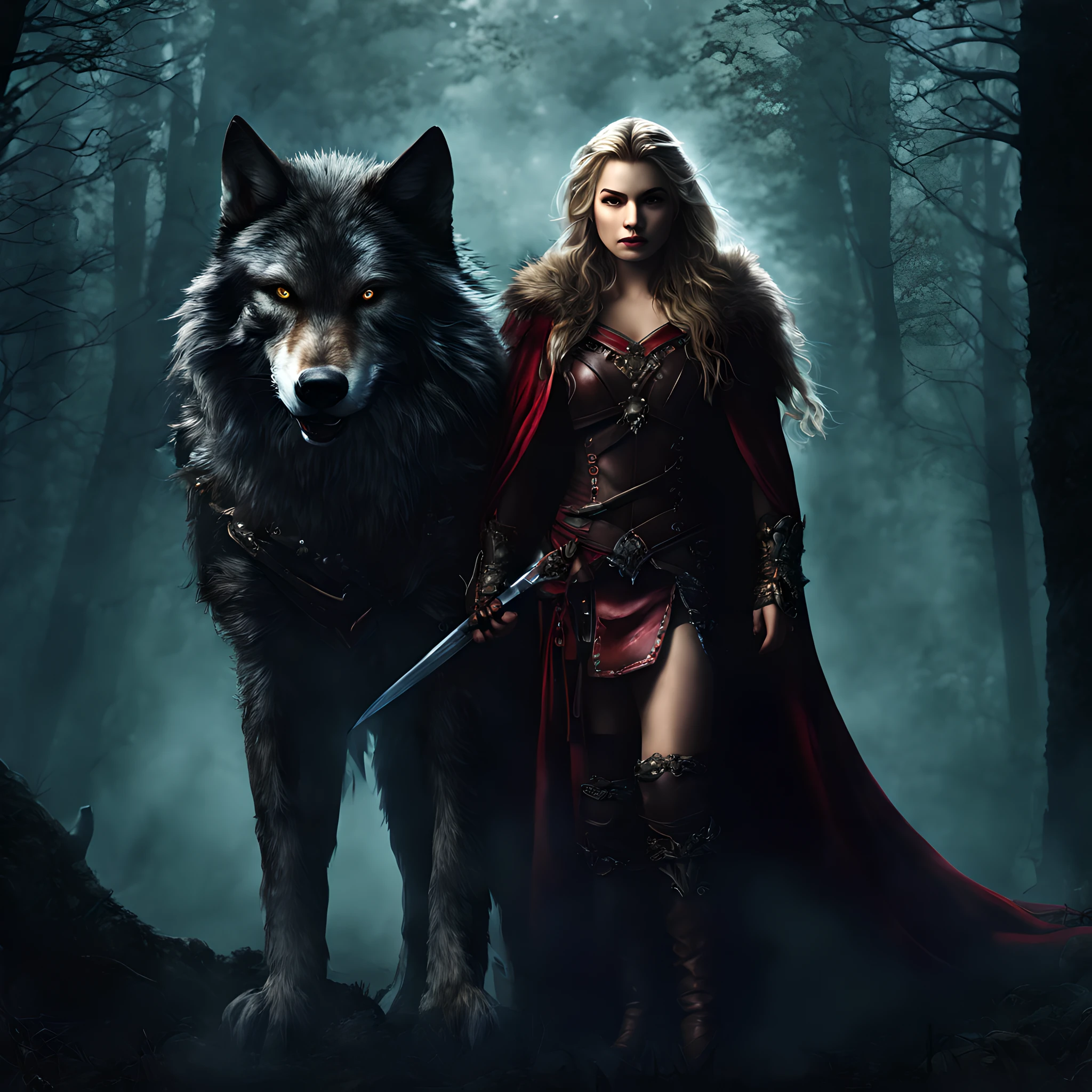 fantasy art, RPG art, Dark fantasy art, ultra wide shot, RAW, photorealistic, a picture of female human ranger and her wolf pet, the ranger, an exquisite beautiful human woman, long blond hair, braided hair, green eyes, wearing leather armor, wearing (red cloak: 1.1), armed with a (sword: 1.3), wearing laced boots, standing in a dark forest at night, (mist rising from the grounds: 1.3), a sense of dread and fear, yet she stands defiant and fearless, her wolf pet stands near her, protecting her, dark fantasy forest background, best quality, 16k, [ultra detailed], masterpiece, best quality, (ultra detailed), full body, ultra wide shot, photorealism
