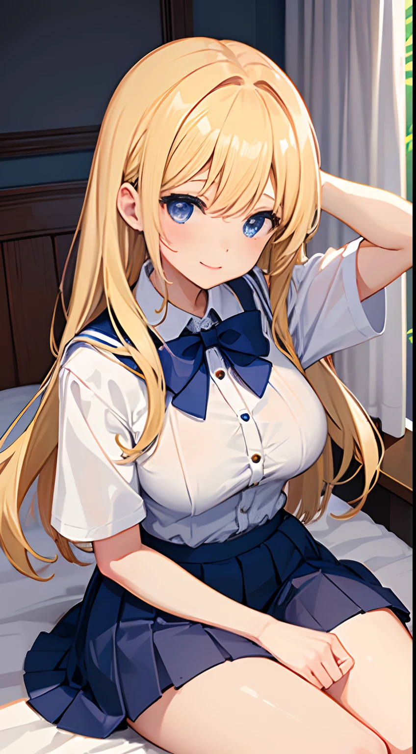 1 girl in、Cute beautiful girl、((Girl student uniform))、((Summer clothing))、The blouse is unbuttoned、White color blouse、short- sleeved、lightly dressed、Thin cloth clothes、Navy ultra mini skirt、(((show off pubic area)))、((Colossal tits))、seductiv、Little goddess、Young face、Detailed thighs、top-quality、Photos realistic、(15year old)、(Sit on the)、light smile、The blonde,JK school uniform,Bedside girl