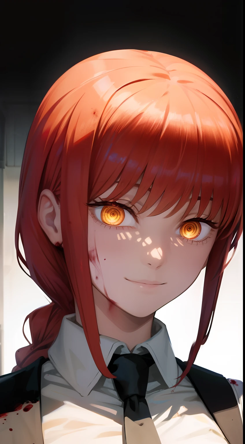 masterpiece, best quality, portrait, 1girl,makima \(chainsaw man\), solo, standing, red hair, long braided hair, (bright glowing eyes: 1.4), (golden eyes: 1.3), dilated pupils, bangs, medium breasts, white shirt, necktie, stare, (disgusted,smile), (evil:1.2), smile, looking at viewer, (interview:1.3), high resolution, (Face focus:1.4), (looking at viewer:1.15), (black background, blood:1.3)
