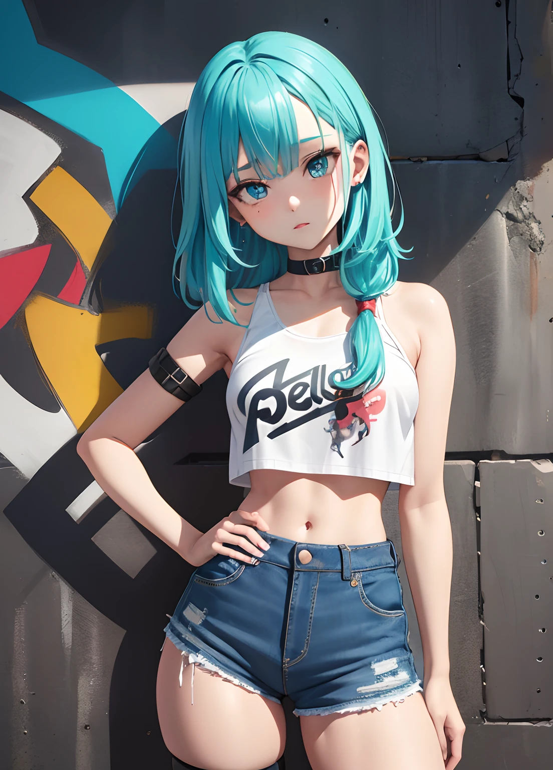 obra-prima, melhor qualidade, 1girl, solo, crop top, shorts jeans, gargantilha, (graffiti: 1.5), respingo de tinta, arms behind back, contra a parede, olhando para o espectador, clamp, thigh strap, pintura no corpo, head tilt, entediado, cabelo multicolorido, aqua eyes, fone de ouvido, nsfw