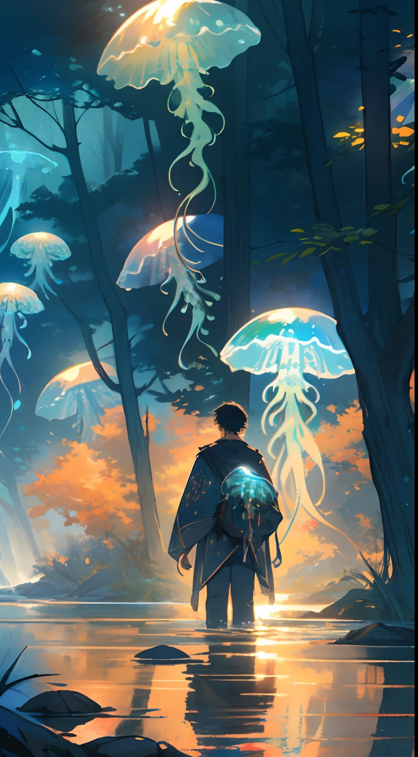 green jellyfish,(jellyfishforest:1.4), 1man, short hair, mist, woods, scenery, solo, nature, water, wading, outdoors, tree, standing, black hair, fantasy, forest