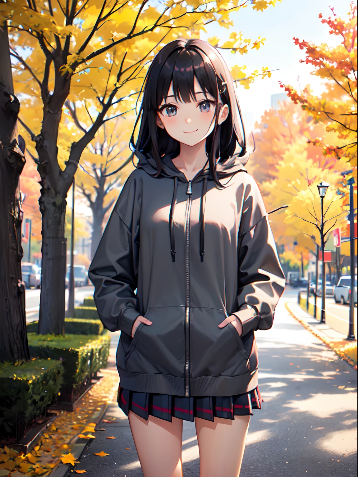((1 beautiful young girl)),Solo、1 persons、 ((14-year-old junior high school girl))、(flat chest)、(Dark-haired girl in grey oversized full-zip hoodie:1.3),(Do not wear hoodie hood:1.3)、Wearing a shirt inside a hoodie、(Red plaid pleated skirt), (high socks), (lowfers),(Long straight hair)、Autumn Park、Colored leaves、leaves falling、stroll、A slight smil、Don't put your hands in your pockets