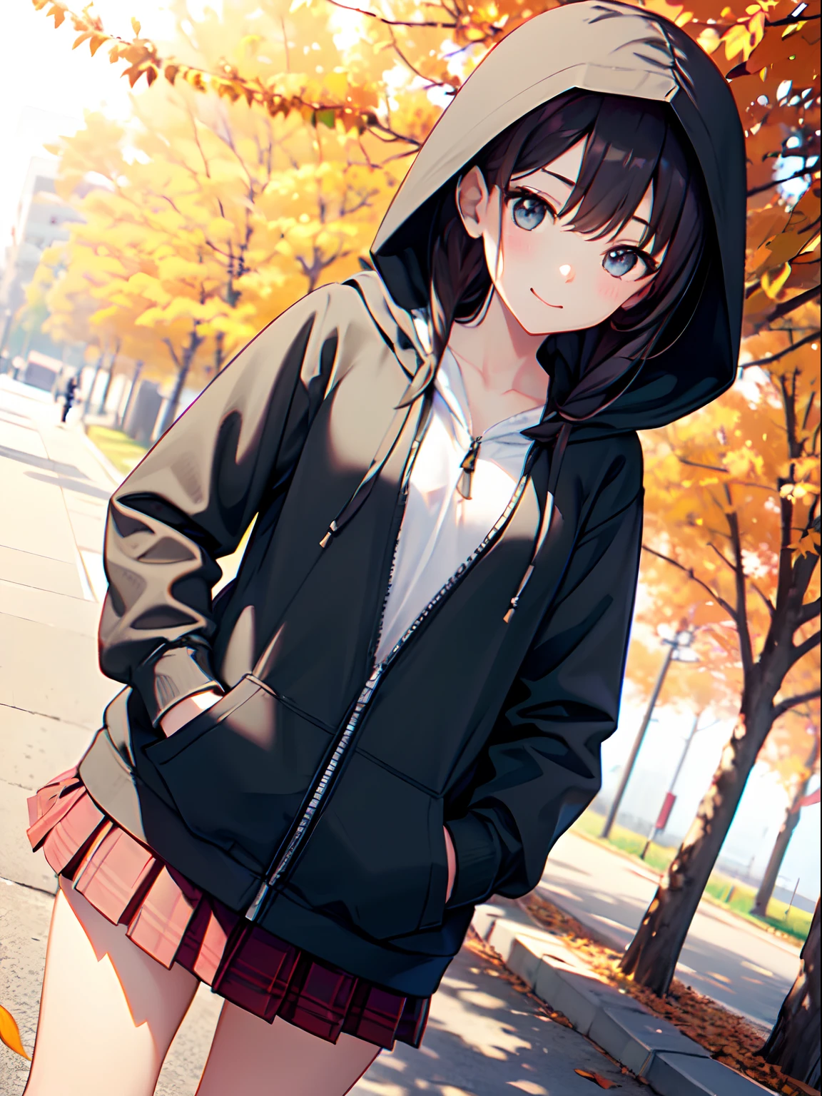 Anime girl in a hoodie standing on a sidewalk in front of a tree SeaArt AI