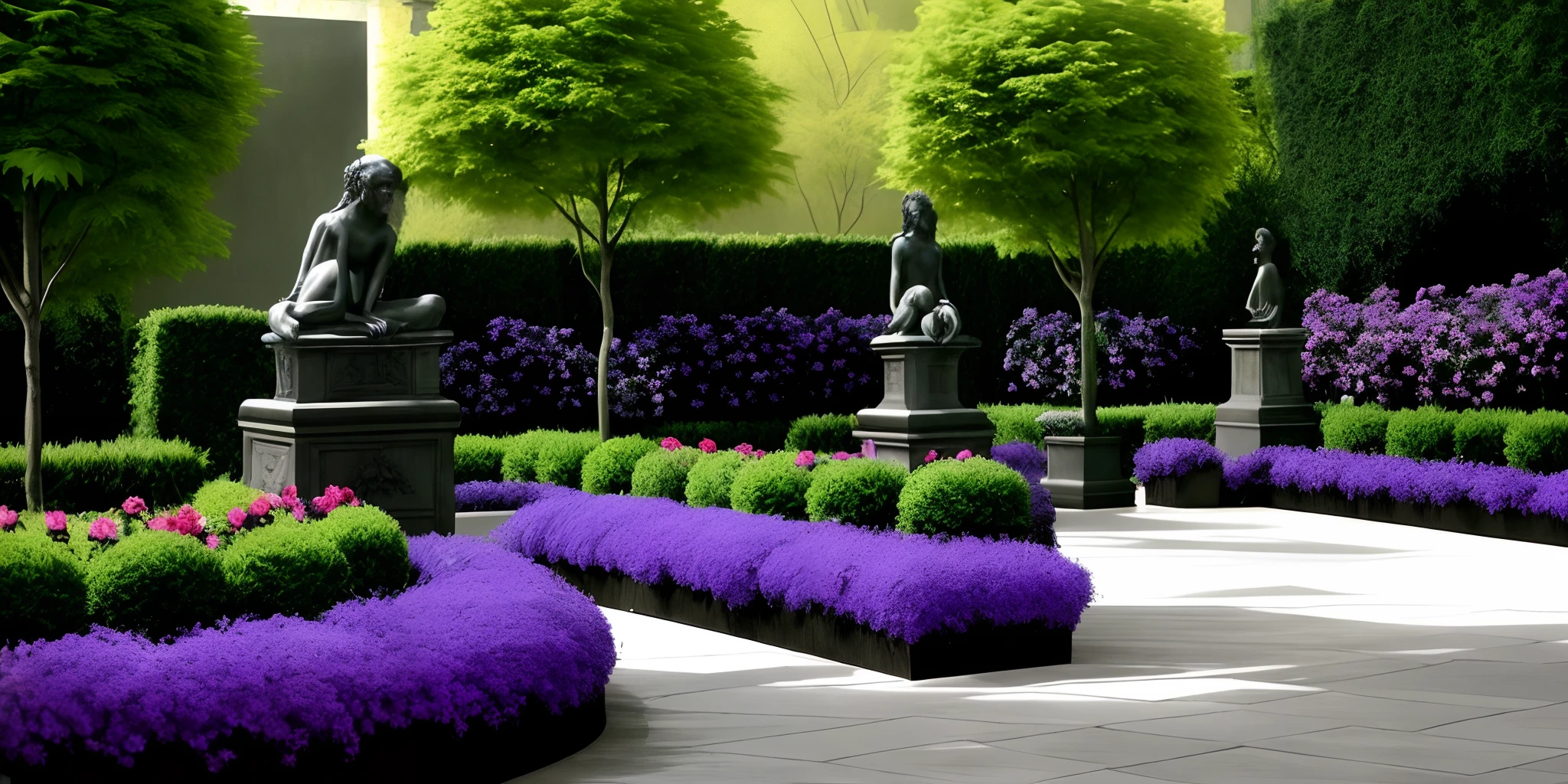 Gothic Garden. A garden with dark, dramatic flowers and plants, such as black roses and purple irises.
 The garden should have a mysterious and haunting look, with statues and gargoyles to add to the atmosphere. The plants should be arranged in a way that creates a sense of drama and intensity, with hidden corners and unexpected surprises.