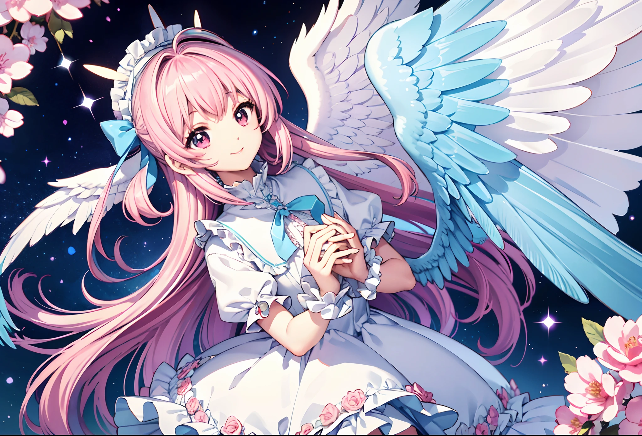 change, Leprechaun, pink  hair: far away, blue colored eyes, breasts small, Vest, garter, hair accessories, seducing smile, gauze, tilt your head, behind the arms, (Scrawny), (fine legs: legs spread open), high détail, best qualityer, work of art, detailed ice, cumulonimbus clouds, Beautiful details shine, ice crystal textured wings