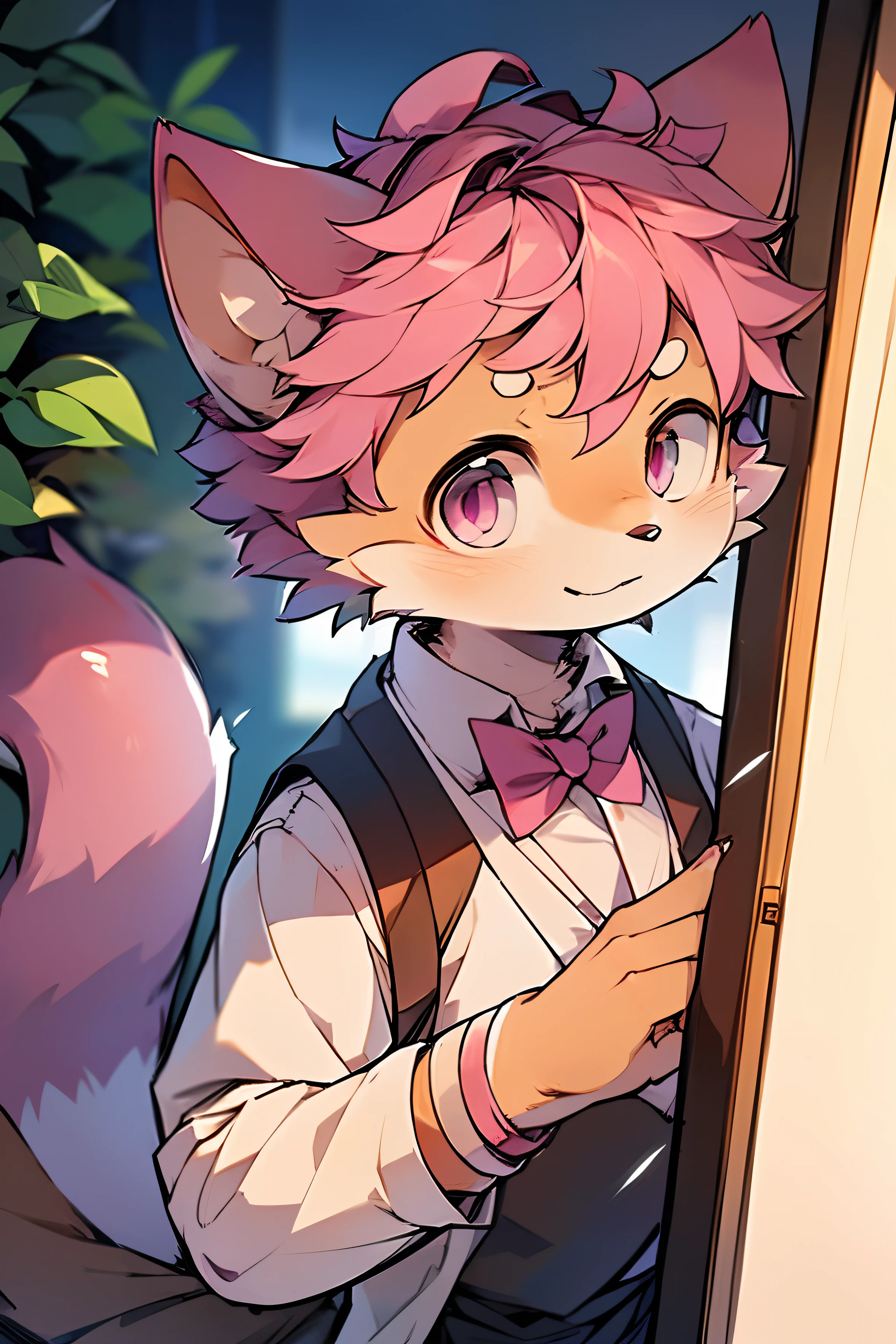 (Furry Lehui:1.3),(short pink hair，Pink eyes+neck bowtie:1.2),professional furry drawing,anthropomorphic cat,Cute cartoon,fursona art,Taken from Beastars。。:1.2,,Revelation from Chinese masters,style of anime。