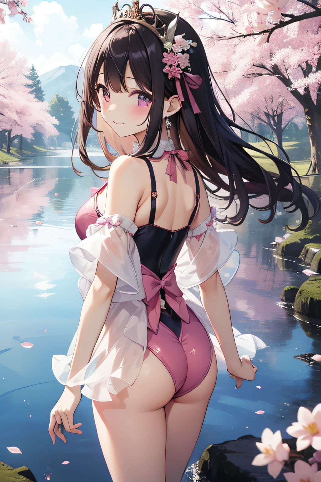 top-quality、extremely delicate and beautiful、Soio、Soio、8-year-old little girl、japanes、Lori、Chiquita、elementary student、A dark-haired、((Pink leotard))、(highleg)、Tiara on the head、A smile、is standing、Facing backwards、s ass、Prickets、Pond in the background、the woods、cherry trees