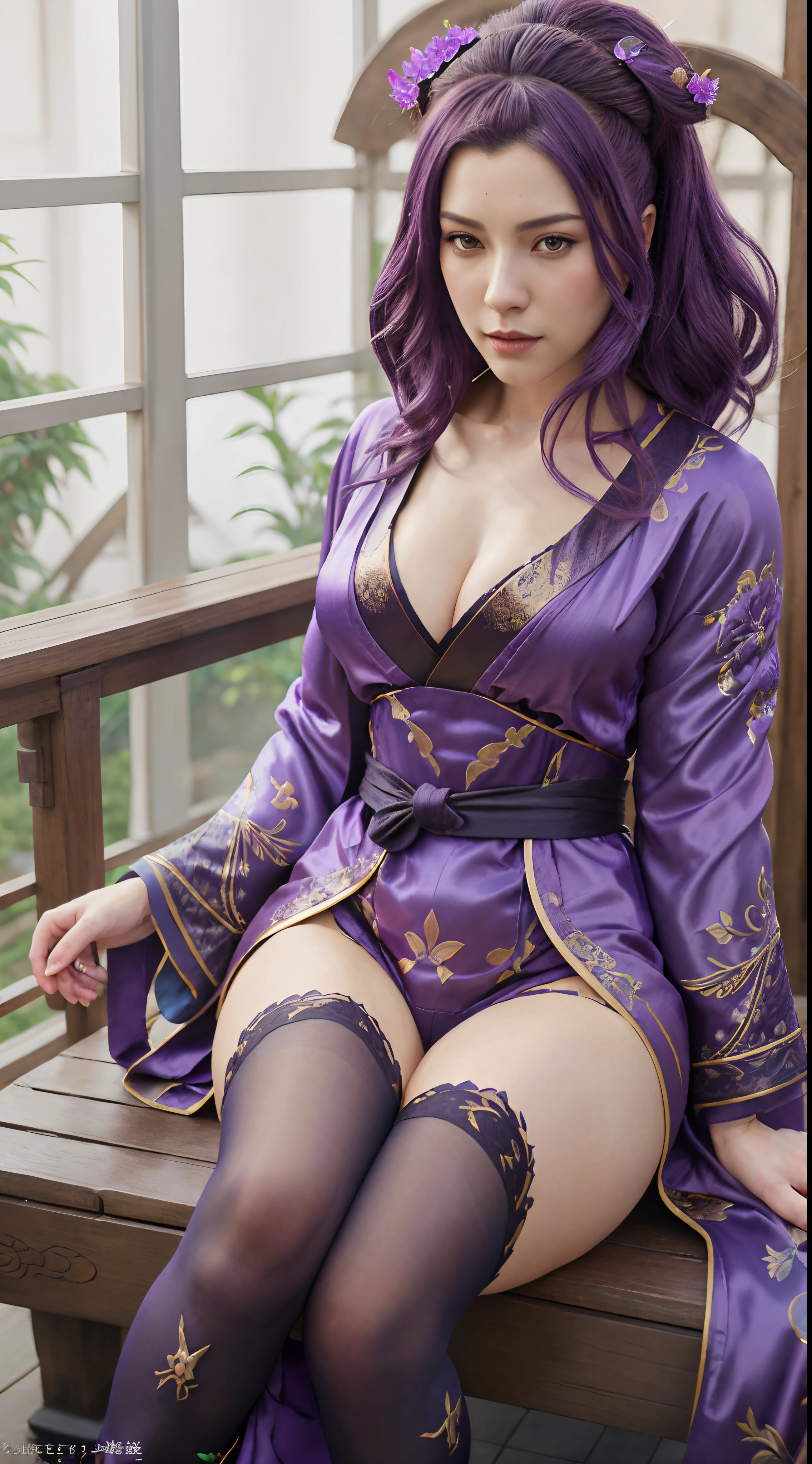 sitting on a bench, taiden shogun genshin impact, ((wearing aristocrat robe)), highly detailed exquisite fanart, seductive girl, cushart krenz key art feminine, high detailed, purple hair, purple eyes, thick thighs,