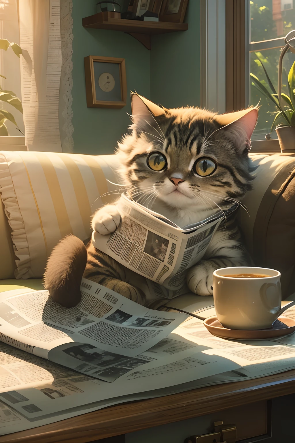 A cute cat with round eyes sitting on a sofa reading a newspaper,  There is a radio on the desk, Sunlight outside the window