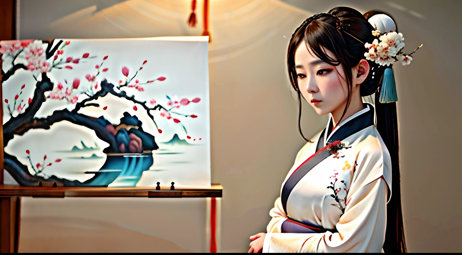 Chinese painting style, Cold, indifferent,Amazing,dressed white hanfu