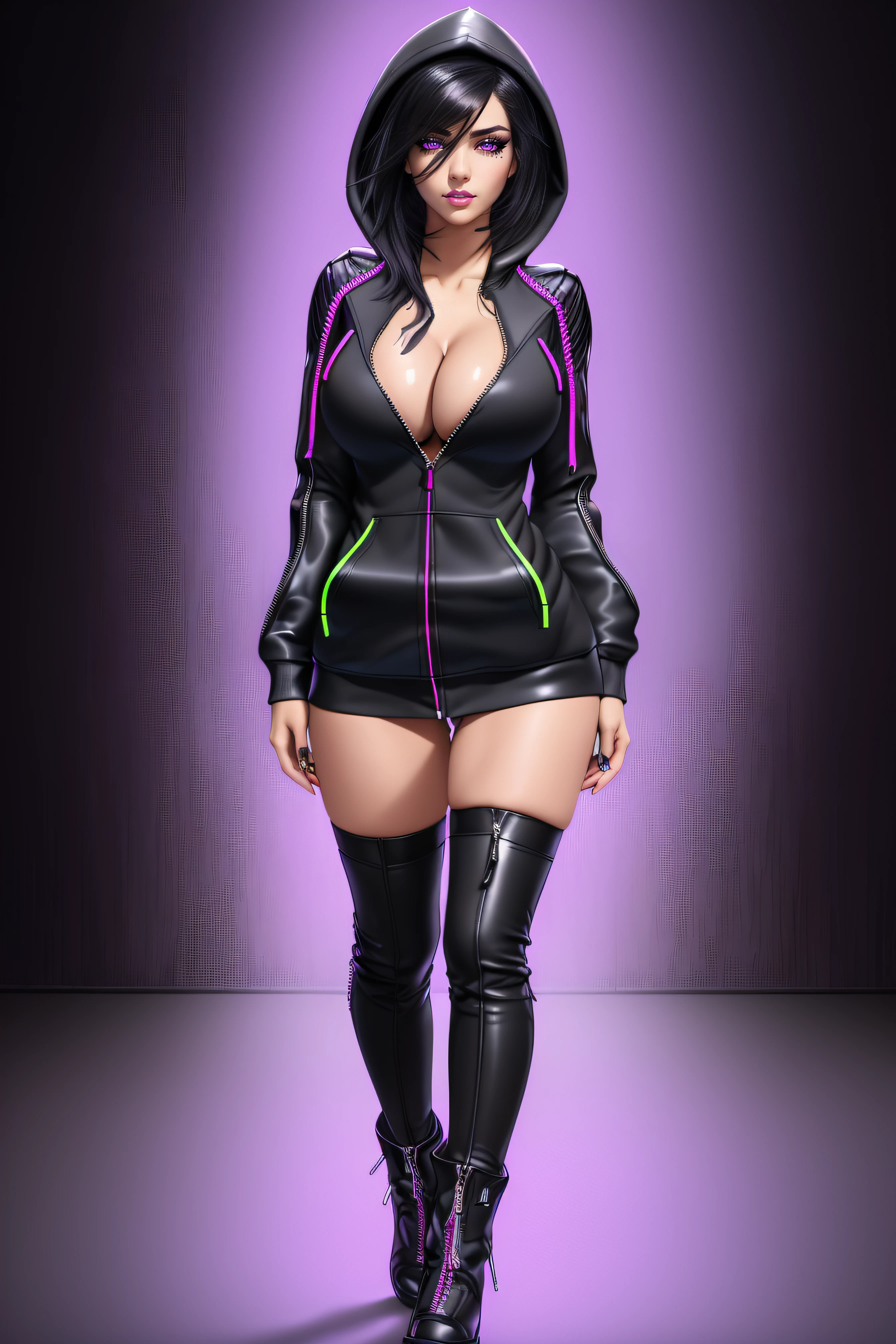 beautiful girl, ((standing:1.4)), (confident gaze:1.1), full body, short bright neon streaked black hair, ((realistic highly detailed eyes:1.4)), ((seductive pose:1.2)), black eyeshadow, (street style wear:1.2), ((hoodie open zip:1.4)), ((cleavage:1.4)),((tight fitted pants)), ((knee high leather boots)), (dark city night black background:1.4), dark makeup, digital art, trending on artstation, highly detailed, fine detail, intricate, detailed facial features, sharp focus, smooth, aesthetic,