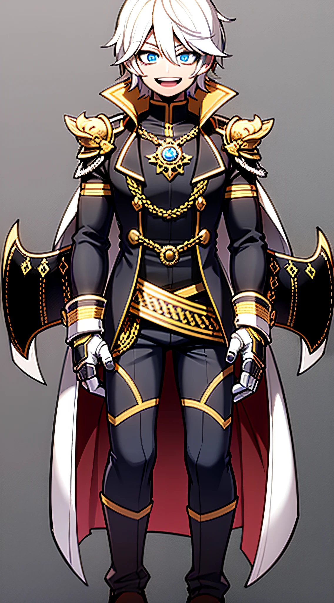 Full body, Upright, Arms at sides, Looking at Viewer,masutepiece, Best Quality, 1 male, Adult, Dark clothing, Blue eyes, Simple background, Open mouth, Smile, Virtual Youtuber