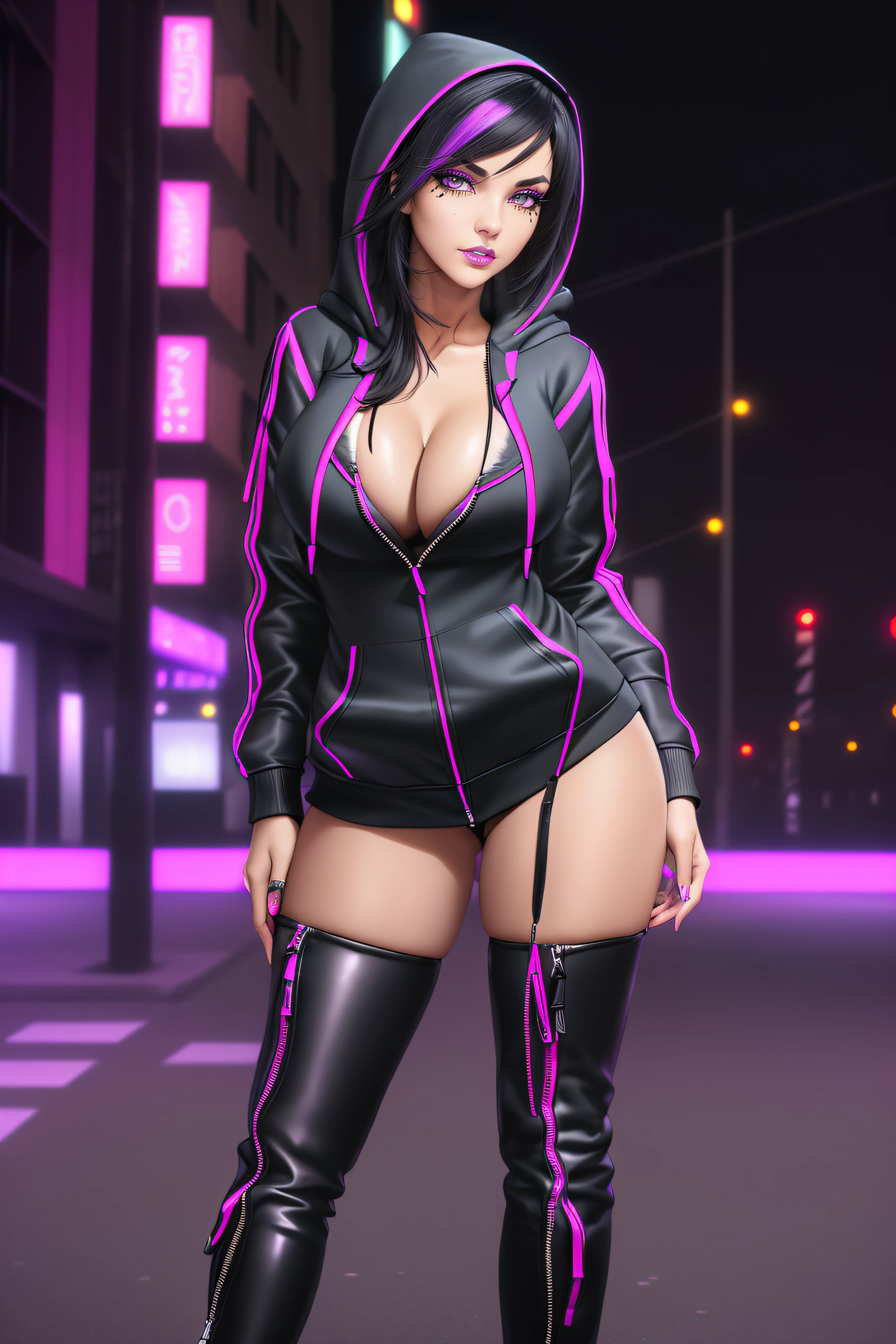 beautiful girl, ((standing:1.4)), (confident gaze:1.1), full body, short bright neon streaked black hair, ((realistic highly detailed eyes:1.4)), ((seductive pose:1.2)), black eyeshadow, (street style wear:1.2), ((hoodie open zip:1.4)), ((cleavage:1.4)),((tight fitted pants)), ((knee high leather boots)), (dark city night black background:1.4), dark makeup, digital art, trending on artstation, highly detailed, fine detail, intricate, detailed facial features, sharp focus, smooth, aesthetic,