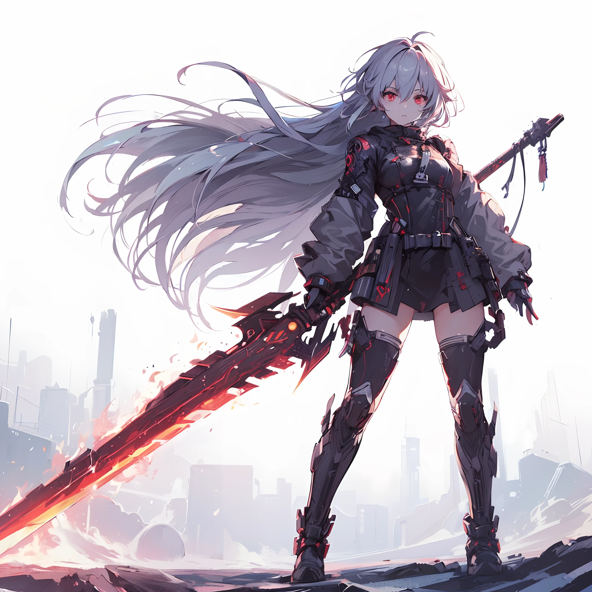 (Masterpiece, best quality), (perfect athlete body:1.2), (detailed hair), ultra-detailed, anime style, full body, Cyberpunk ninja girl, Japanese Hairstyle, red eyes, wielding GIANT FLAMING SWORD, standing on the wasteland, wearing hi-tech boots, 8k high resolution, trending art station, white background, standing on wasteland, whole body,