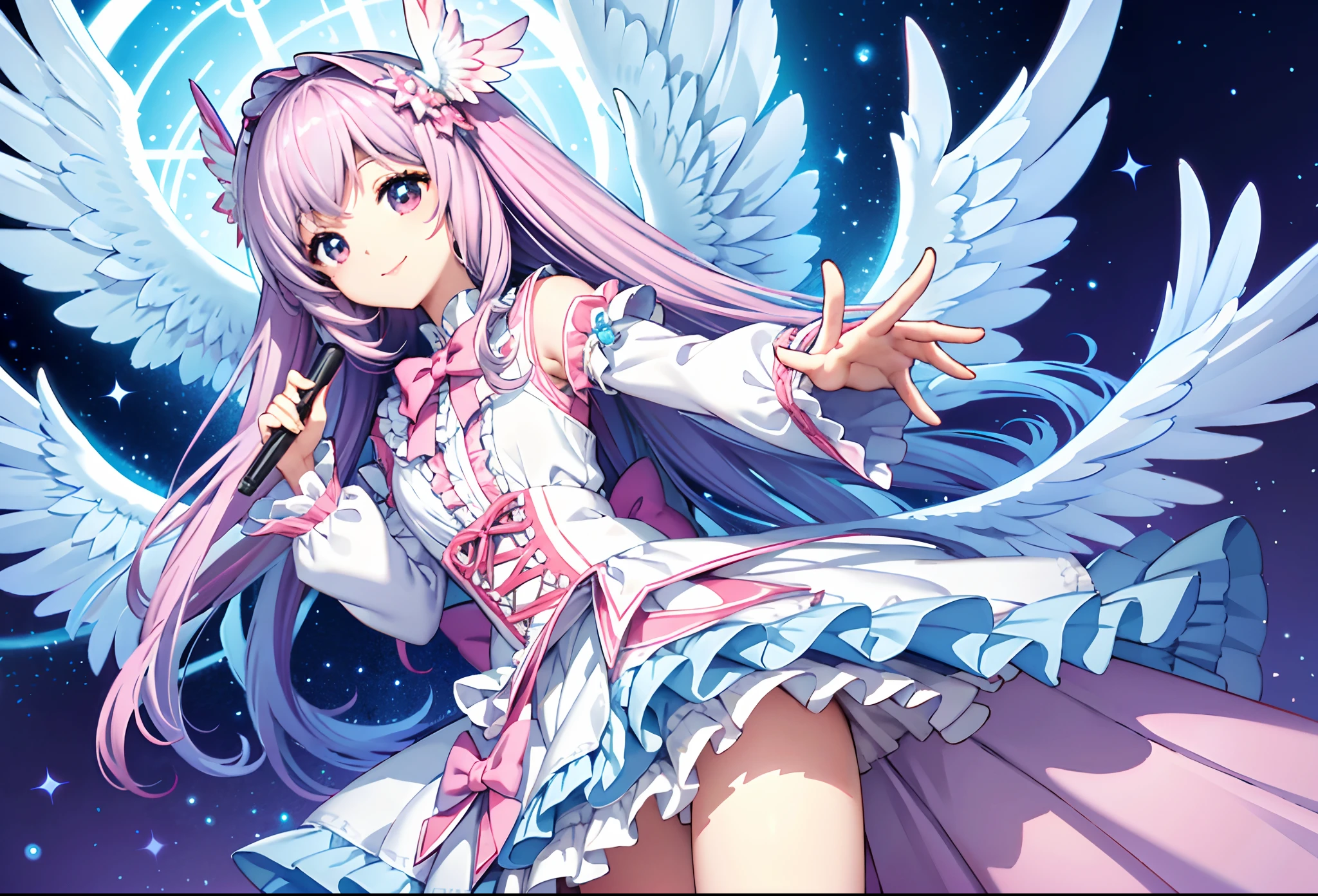 Big big wings of angels shining in seven colors、Kawaii Girl、adorable smiling、Light blue long hair、Twin-tailed、Colorful angel costume in white and pink Lolita style with lots of frills、((top-quality))、((​masterpiece))、(ighly detailed、highestdetailed、Official art、Beautifully Aesthetic:1.2)