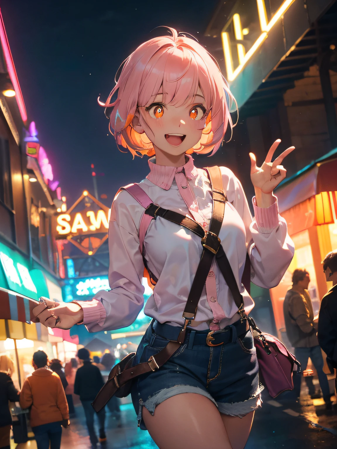 1girl , a 19 yo girl , 19 years old , super adorable , full head ,(Upper Body : smallunderboob , Skinny ) , ((tmasterpiece)) , (Very detailed CG unity 8K wallpaper) , best qualtiy , cinmatic lighting , (hi-top fade:1.3) , dark themed , Muted Tones , Subdued Color , highly contrast , (natural skin textures , Hyper-Realism , Soft light , sharp) , (Hair : (LightPink Hair:1.5) , (shoulder-length hair , short hair ) , (orange eyes:1.5) , beatiful detailed eyes , (Bright pupils:1.5) , (Very fine and beautiful) , (Beautiful and detailed eye description) , ( Background : Amusement park at night ) , Blur Background , (Wearing : Lavender Purple Rue Buckle Harness , Vista Blue Long Sleeve Shirts , Pink Lavender shape , Sky Blue Chunky Hiker Ankle Boots) , opposite shot , (Excited Emotion:1.5) ,  joking expression , (Pose : random Cute pose , laugh loudly  )