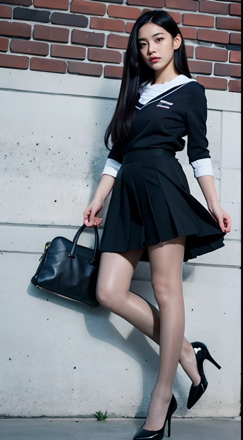 in a school, A girl, frontal, Long black hair, black short skirt, bag, Angry, abused, Super detailed, 4K,Flesh-colored pantyhose,high-heels