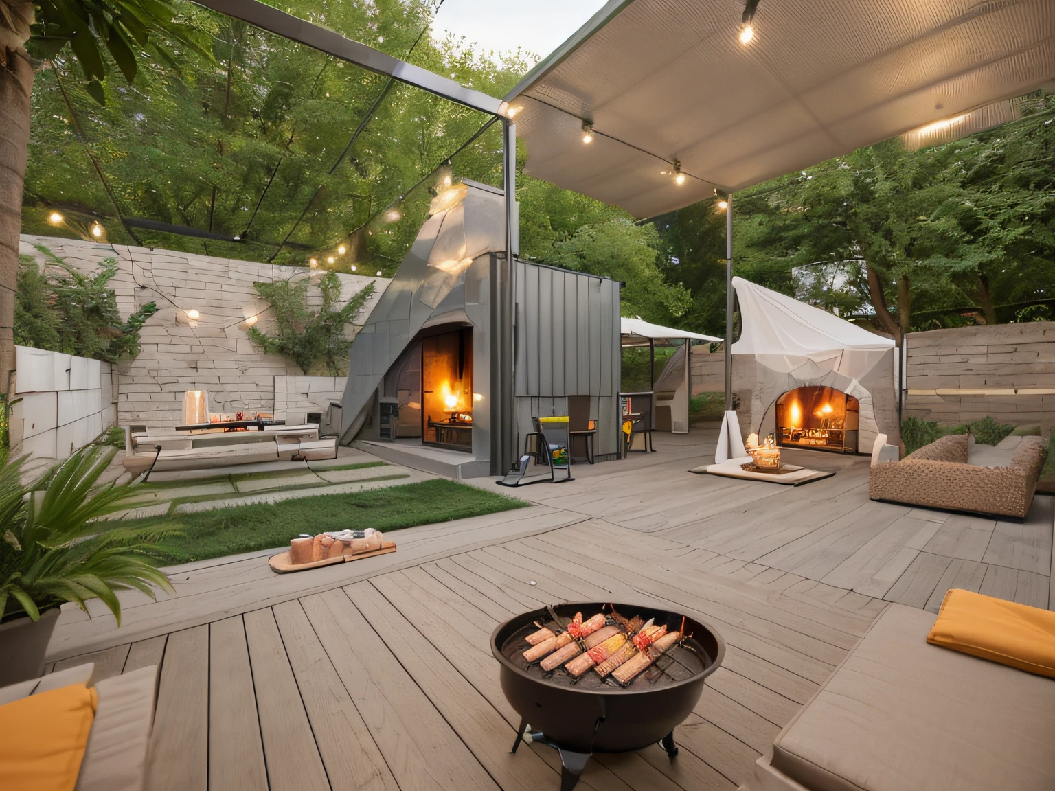 The terrace space includes dining tables and chairs, BBQ oven, miniatures, LED lights around.