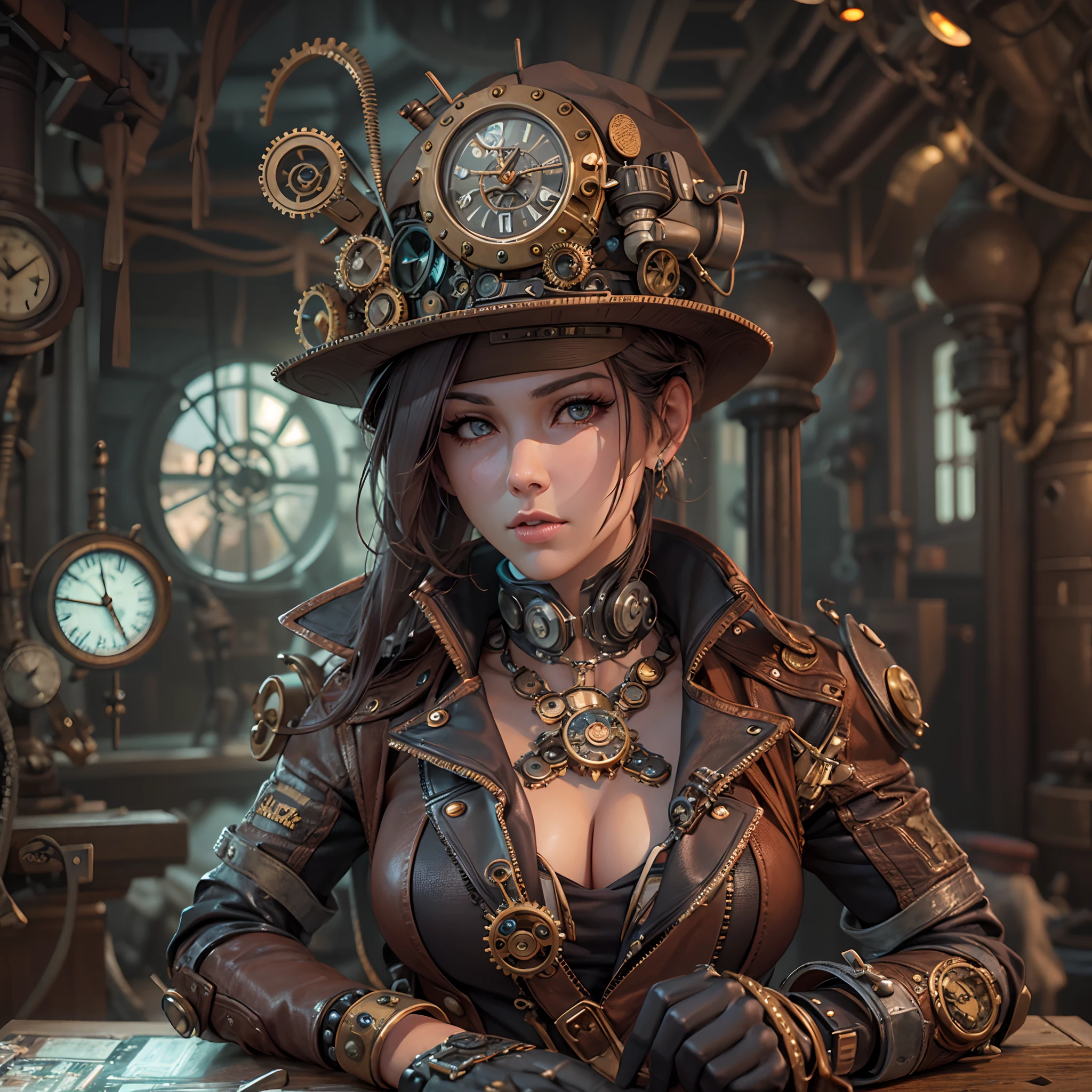 Por favor, Create a stunning visual representation of a woman dressed in a cyber-steampunk costume. She carries a watch on her arm and holds another watch in her hand. This artwork is rendered in 8K 3D, utilizando a tecnologia do motor 3D Unreal. Digital artwork is highly detailed and rendered in 4K, destacando cada aspecto da cena.

The character is brought to life in 3D, com um estilo de fantasia steampunk que lembra personagens como Lady Mechanika. It has a magnificent steampunk look, lembrando uma mulher anime bonita, with intricate details on her costume and accessories. The environment around it is inspired by the steampunk style, with mechanical elements and gears that add depth to the scene.

The work highlights the fusion of cyberpunk technology and steampunk aesthetics, creating a unique and engaging atmosphere. Highly detailed image character enhances character art in 8K, bringing to life a stunning vision of this steampunk fantasy world."