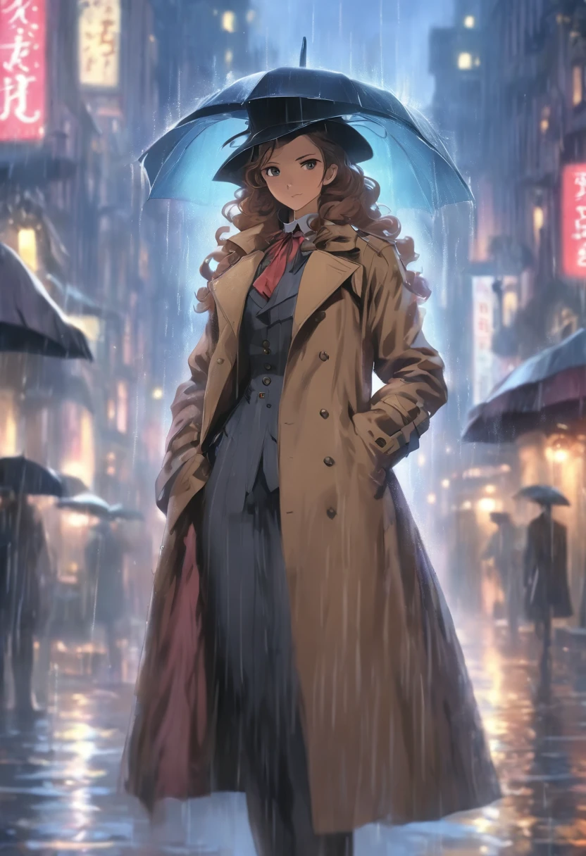 (((Woman in the rain))) Best quality, very high resolution, 4K detailed CG, Masterpiece, woman, rain, Aesthetics, Beautiful image, Screen-centric, full bodyesbian,Araved woman in a trench coat standing on a city street, woman is in a trenchcoat, wearing 1850s era clothes, victorian inspired clothing, Victorian clothes, victorian style costume, wearing victorian clothes, dressed like in the 1940s, Victorian English style, trench coat and suit, wearing 1850s era clothes