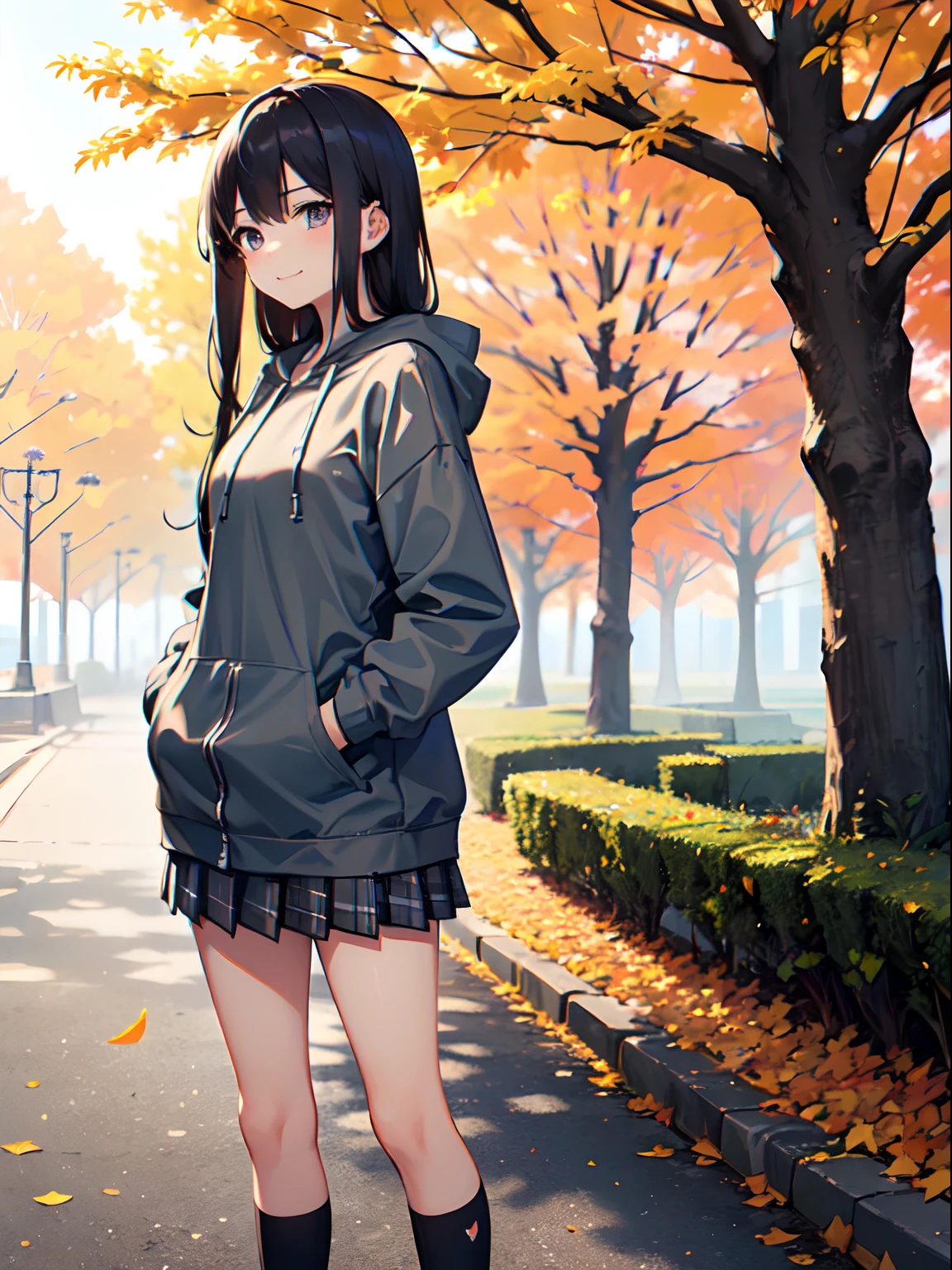 ((1 beautiful young girl)),Solo、1 persons、 ((14-year-old junior high school girl))、(flat chest)、(Dark-haired girl in grey oversized full-zip hoodie:1.3),(Do not wear hoodie hood:1.3)、Wearing a shirt inside a hoodie、(Red plaid pleated skirt), (high socks), (lowfers),(Long straight hair)、Autumn Park、Colored leaves、leaves falling、stroll、A slight smil、Don't put your hands in your pockets