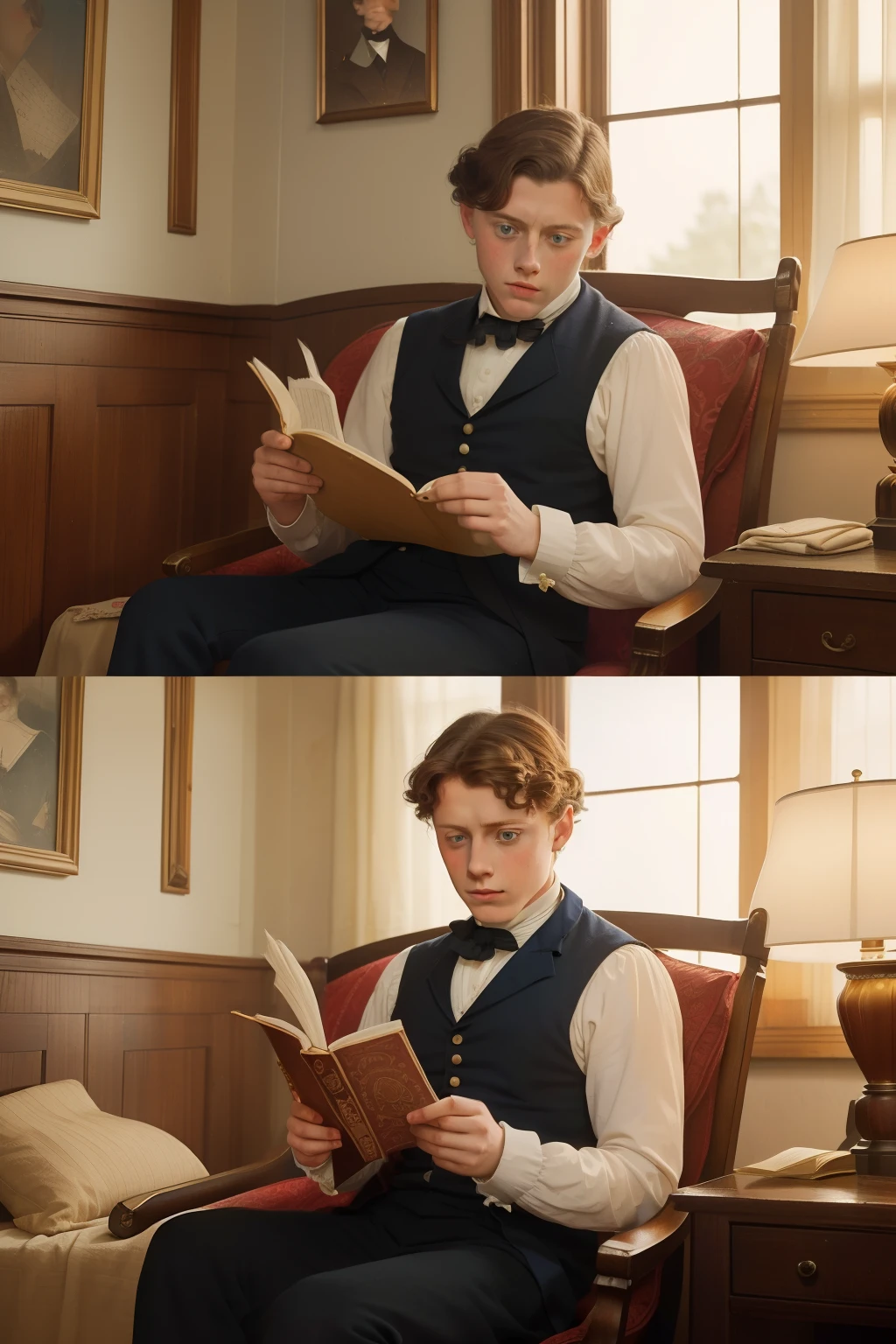 year: 1864. Location: Rock Island, Illinois. Pre-Raphaelite scene with a 21-year-old George MacKay, reading a secret diary, ((((Clothing from the 1860s)))) ((Hairstyle of the 1860s)), ((("OMITB" colorful cinematography)))
