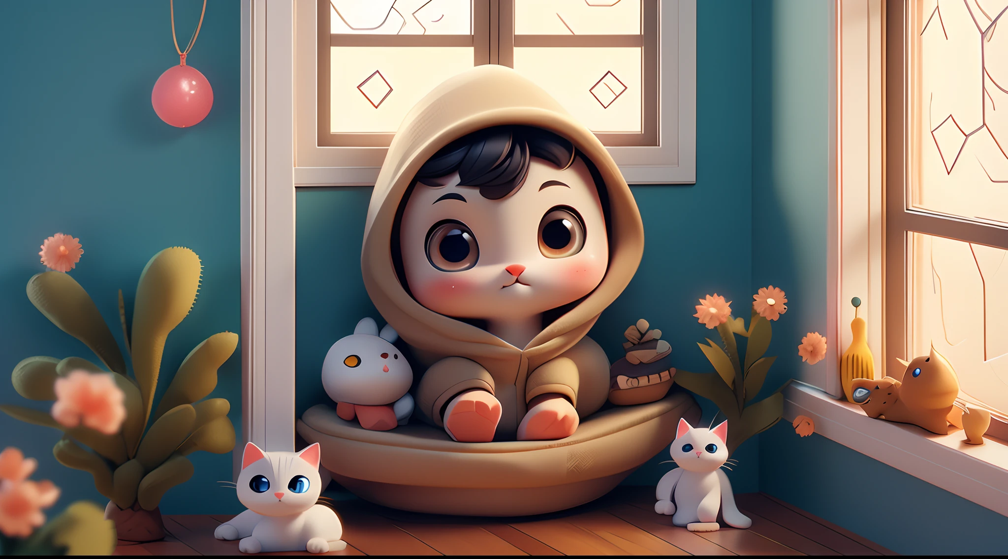 A curious little kitten with sparkling eyes, Look out the window of the house.