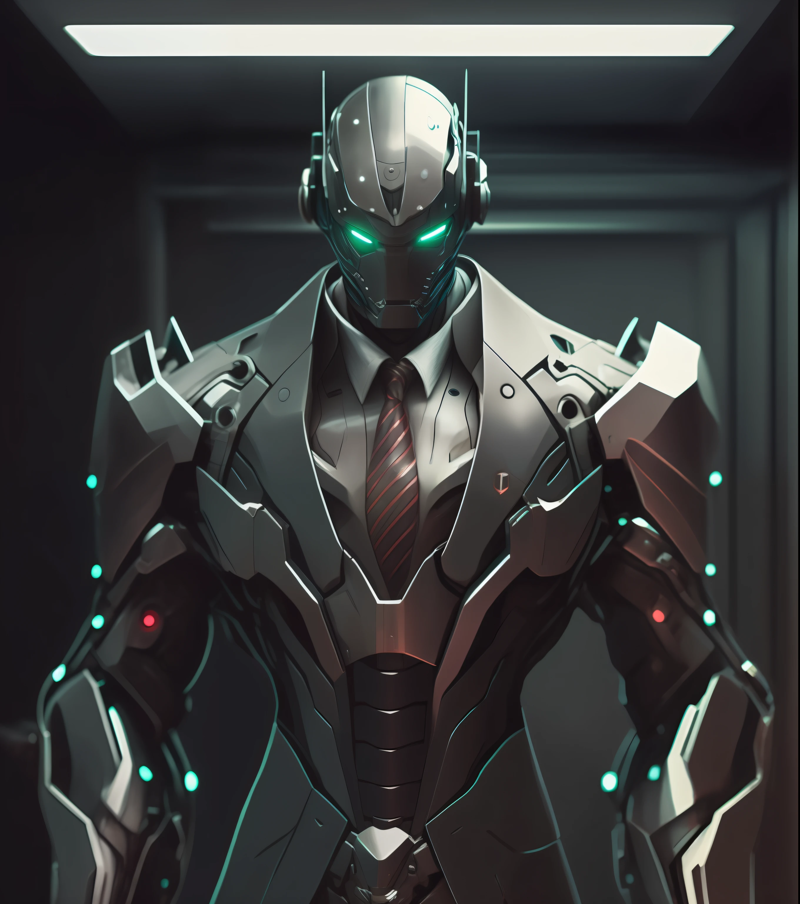 a close up of a robot in a suit with glowing eyes, cyber suit, mecha suit, wears a suit of power armor, cyberpunk iron man, cyberpunk suit, mech suit, robot suit, stylish cyborg armor, sci - fi suit, beautiful robot character design, biopunk suit, dark suit, intricate assasin mecha armor, full body mecha suit