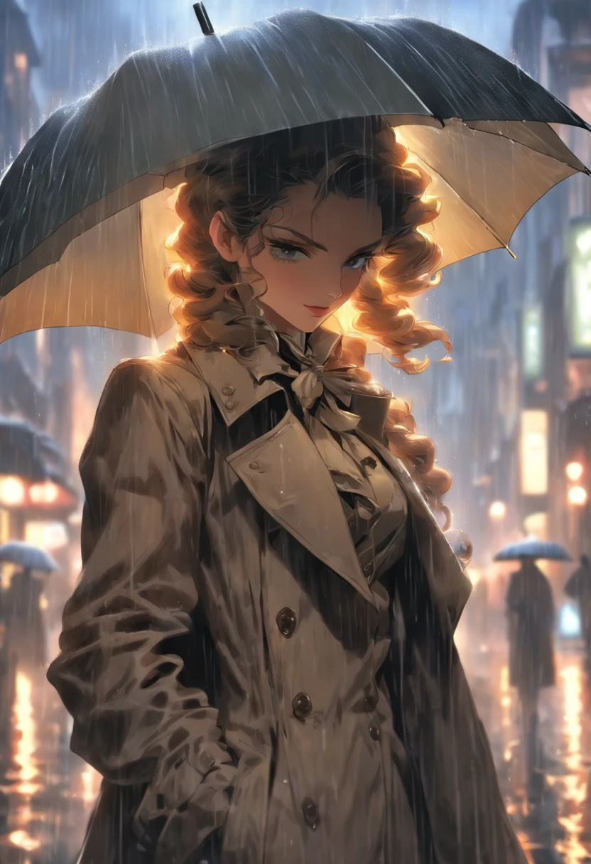 (((Woman in the rain))) Best quality, very high resolution, 4K detailed CG, Masterpiece, woman, rain, Aesthetics, Beautiful image, Screen-centric, full bodyesbian，Araved woman in a trench coat standing on a city street, woman is in a trenchcoat, wearing 1850s era clothes, victorian inspired clothing, Victorian clothes, victorian style costume, wearing victorian clothes, dressed like in the 1940s, Victorian English style, trench coat and suit, wearing 1850s era clothes，Holding an umbrella in his right hand
